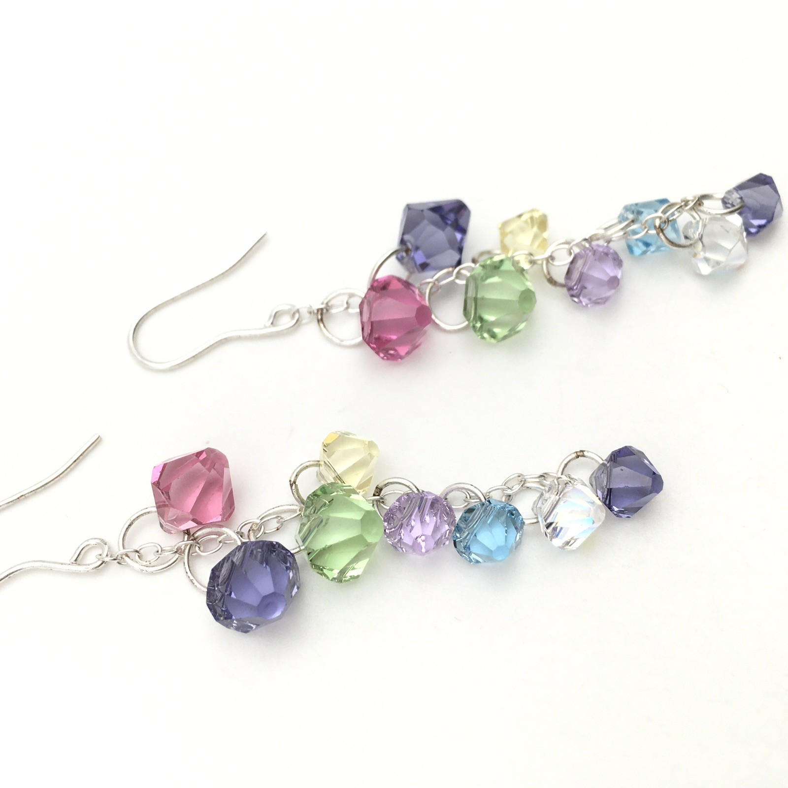 Vintage Sterling Silver Rainbow Beaded Cha Cha Hook Dangle Earrings 925 7g #96