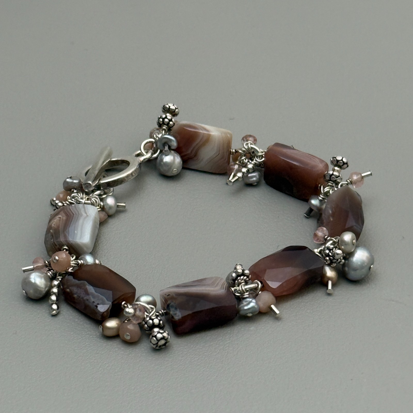 Artisan 925 Sterling Silver Banded Agate Pearl Bracelet Toggle Clasp 7″ Vintage