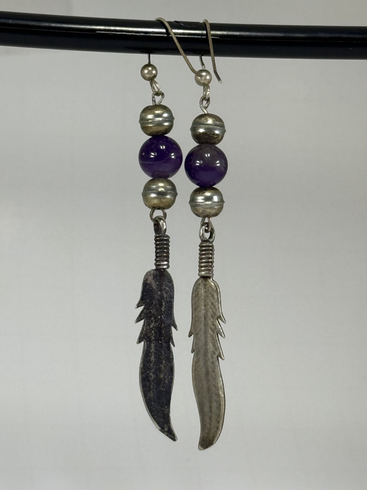 Vintage Amethyst Bead Feather Dangle Earrings Silver Tone Boho Western