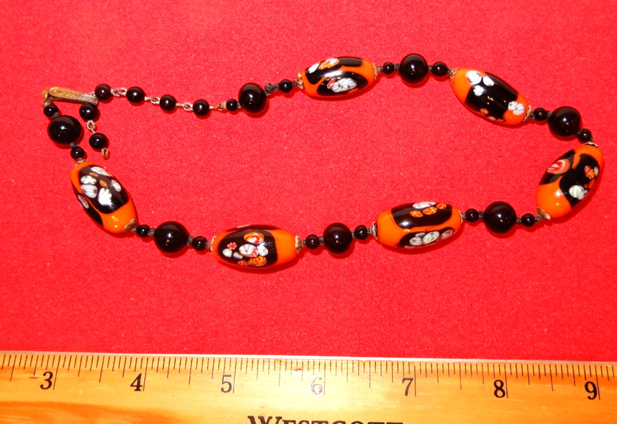 Vintage Jewelry  Orange & Black Beaded Choker Necklace (Japan) 40’s – 13″ ADJ.