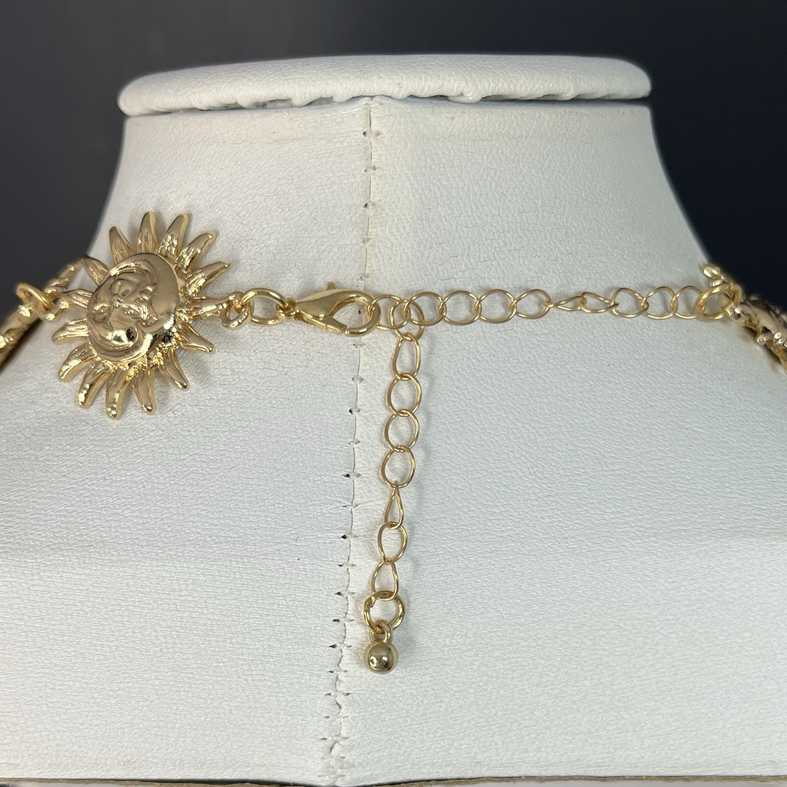 Gold Tone Celestial Sun Moon Necklace Earrings Set Pierced Choker Retro