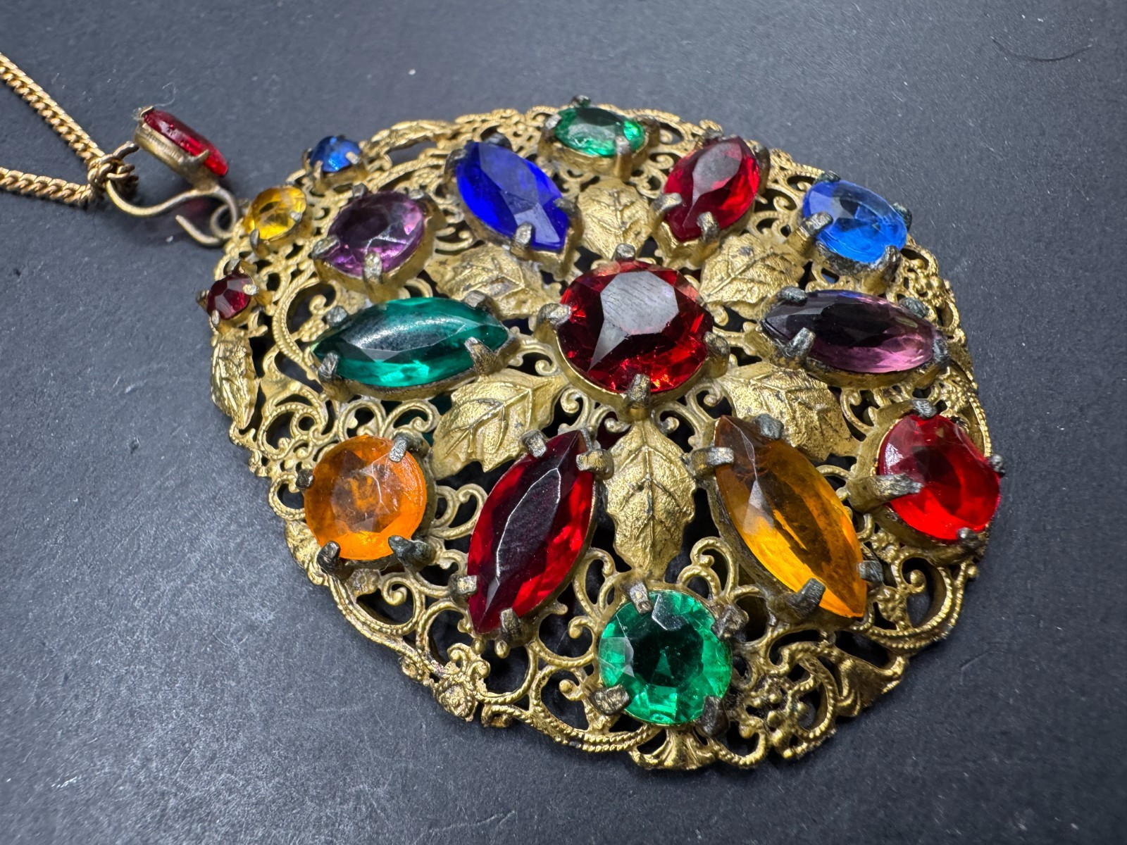 Art Deco Fruit Salad Color Czech Art Glass Filigree Pendant/Necklace