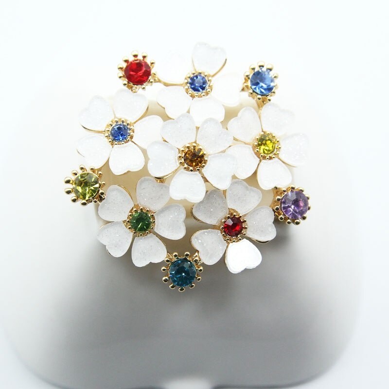 Fashion White Floral Flower Brooch Colorful Rhinestone Pin Women Dress Gift