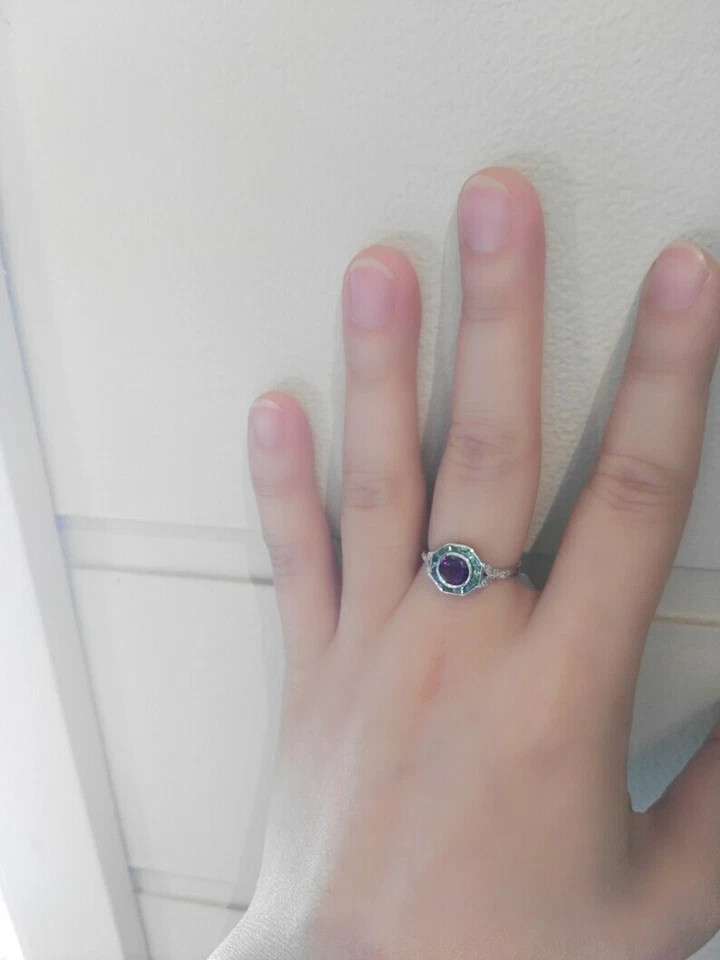 Art Deco Vintage Style Lab Created Amethyst & Emerald Wedding 14K Gold FN Ring