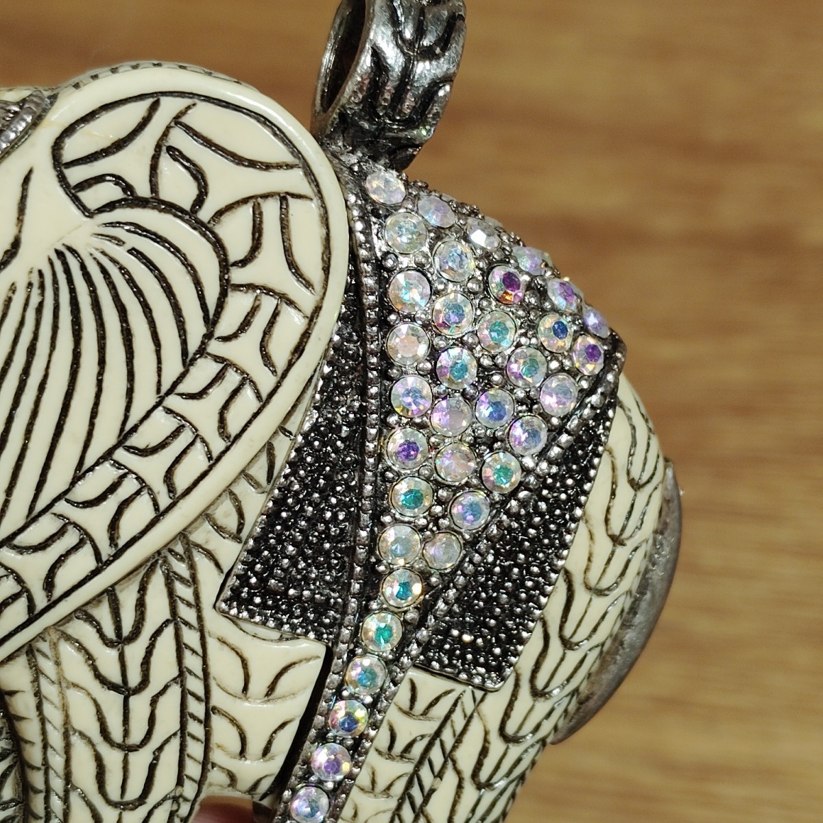 Carved African Elephant Pendant Rhinestones Silver Accents Large Jewelry