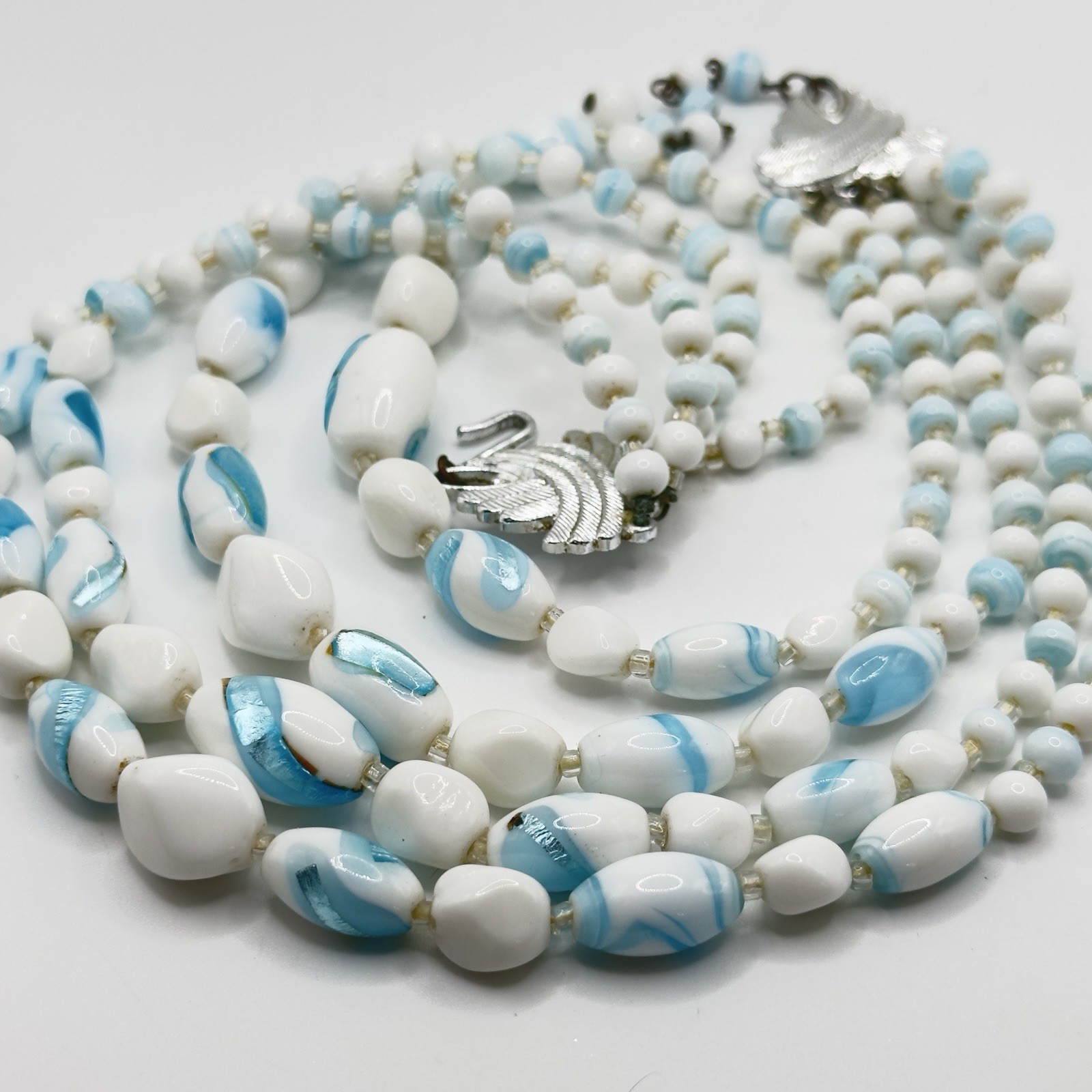 Vintage Multi 4 Strand Necklace Blue White Art Glass Beaded 17″ Choker Bib Japan