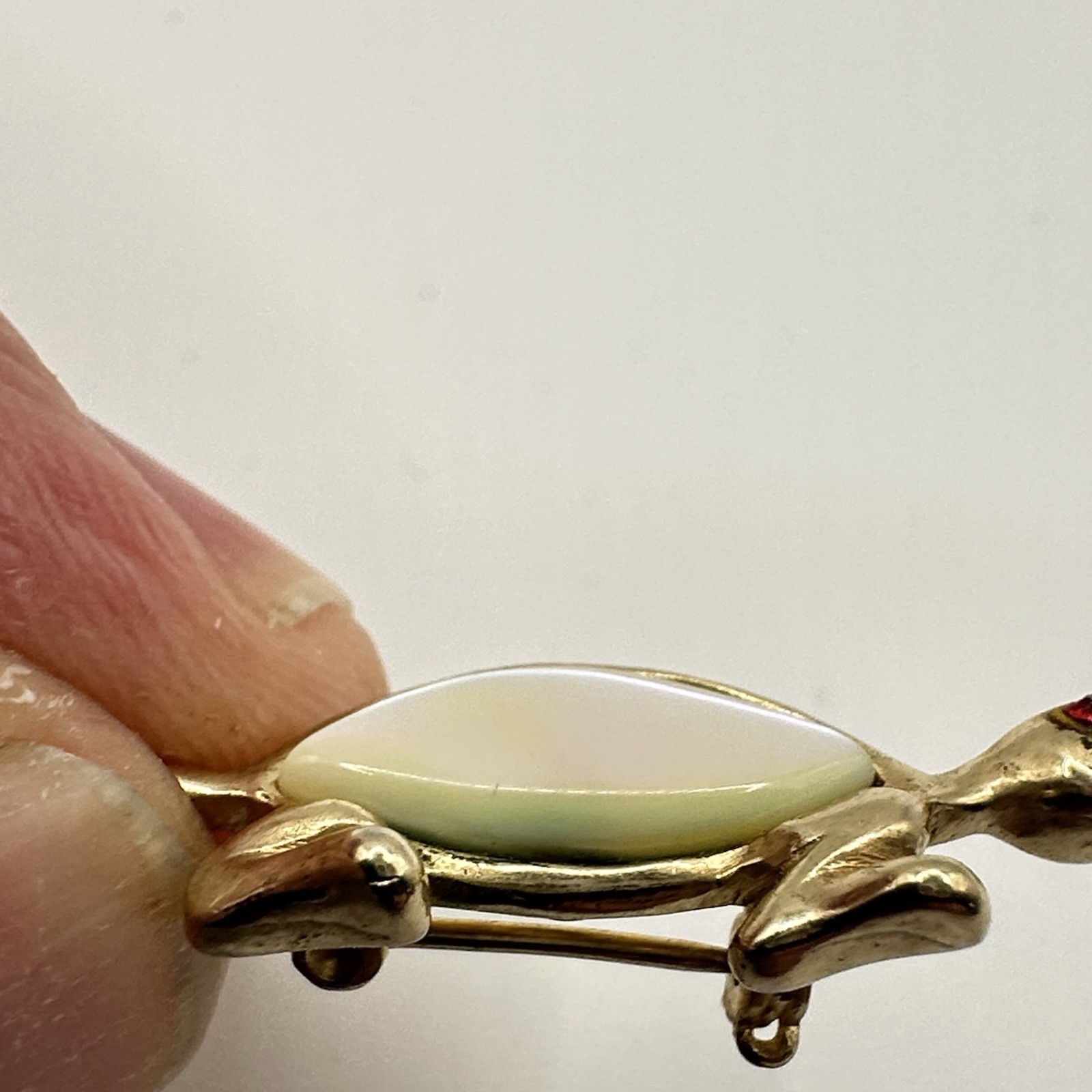 Vintage Gold Tone Turtle Brooch Pair Pearlescent Plastic Red Eyes Unsigned READ