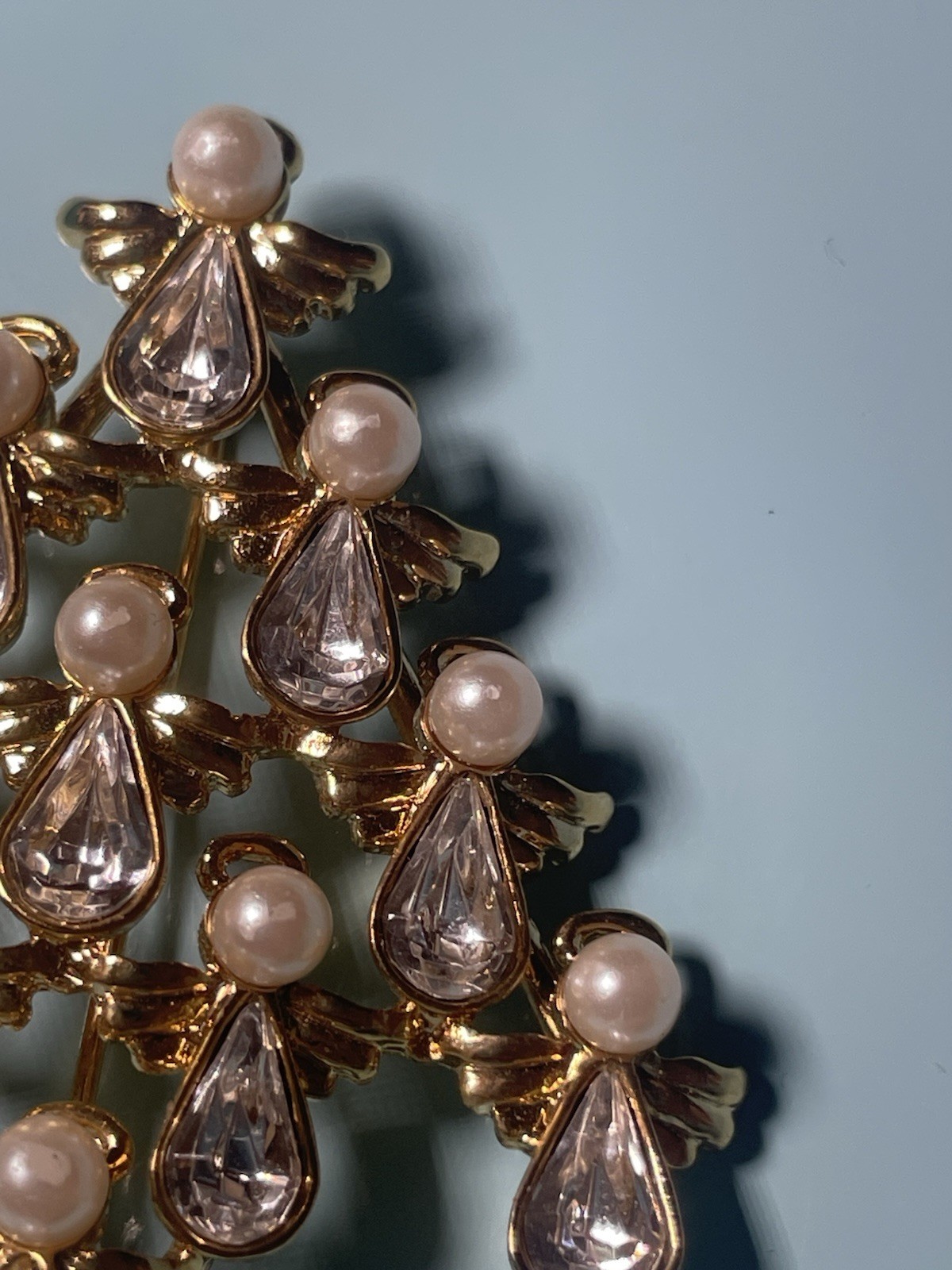 Vintage Christmas Angel Tree Brooch Gold Tone Faux Pearl Rhinestone Holiday Pin