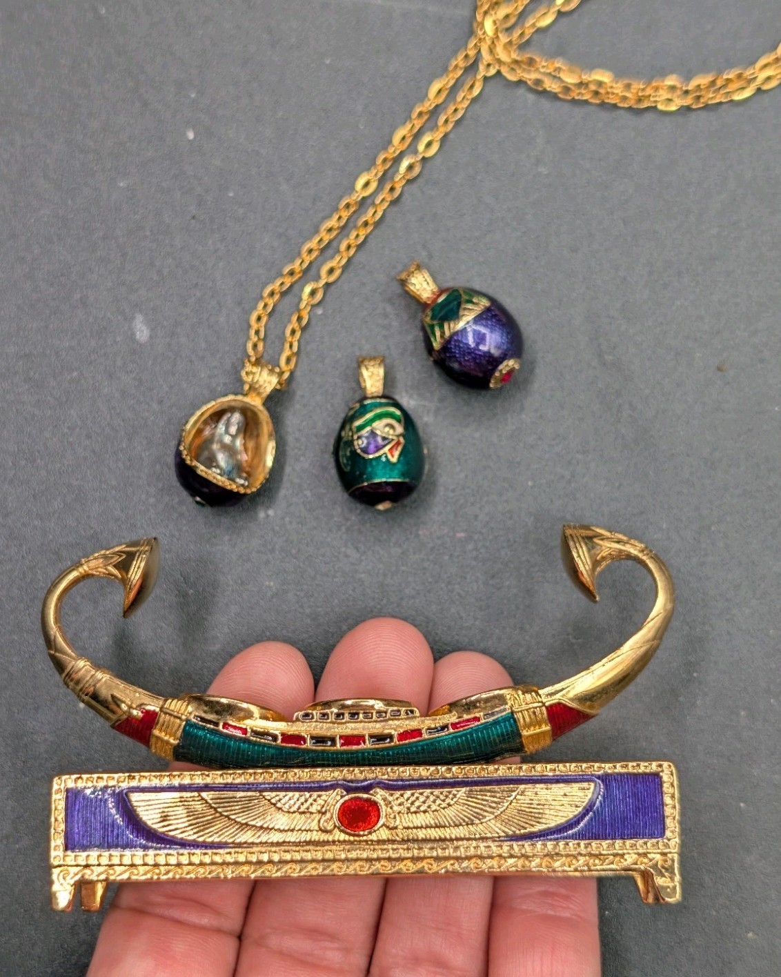 Vtg Edgar Berebi Limited Edition Egyptian Revival Eggs Boat Of Symbols Necklace