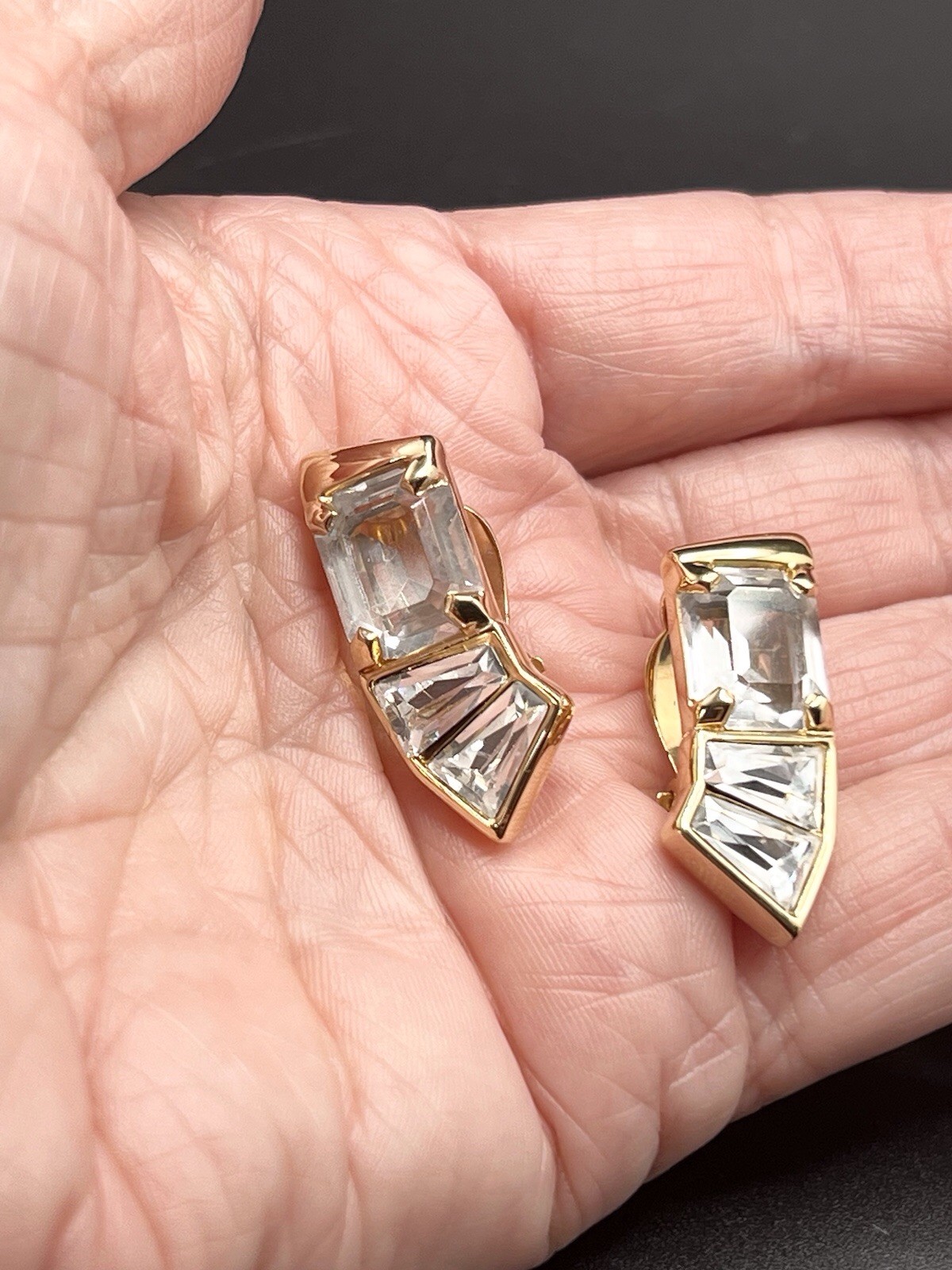 Vintage SWAROVSKI SAL Signed Pale Blue Crystal Gold Tone Clip On Earrings