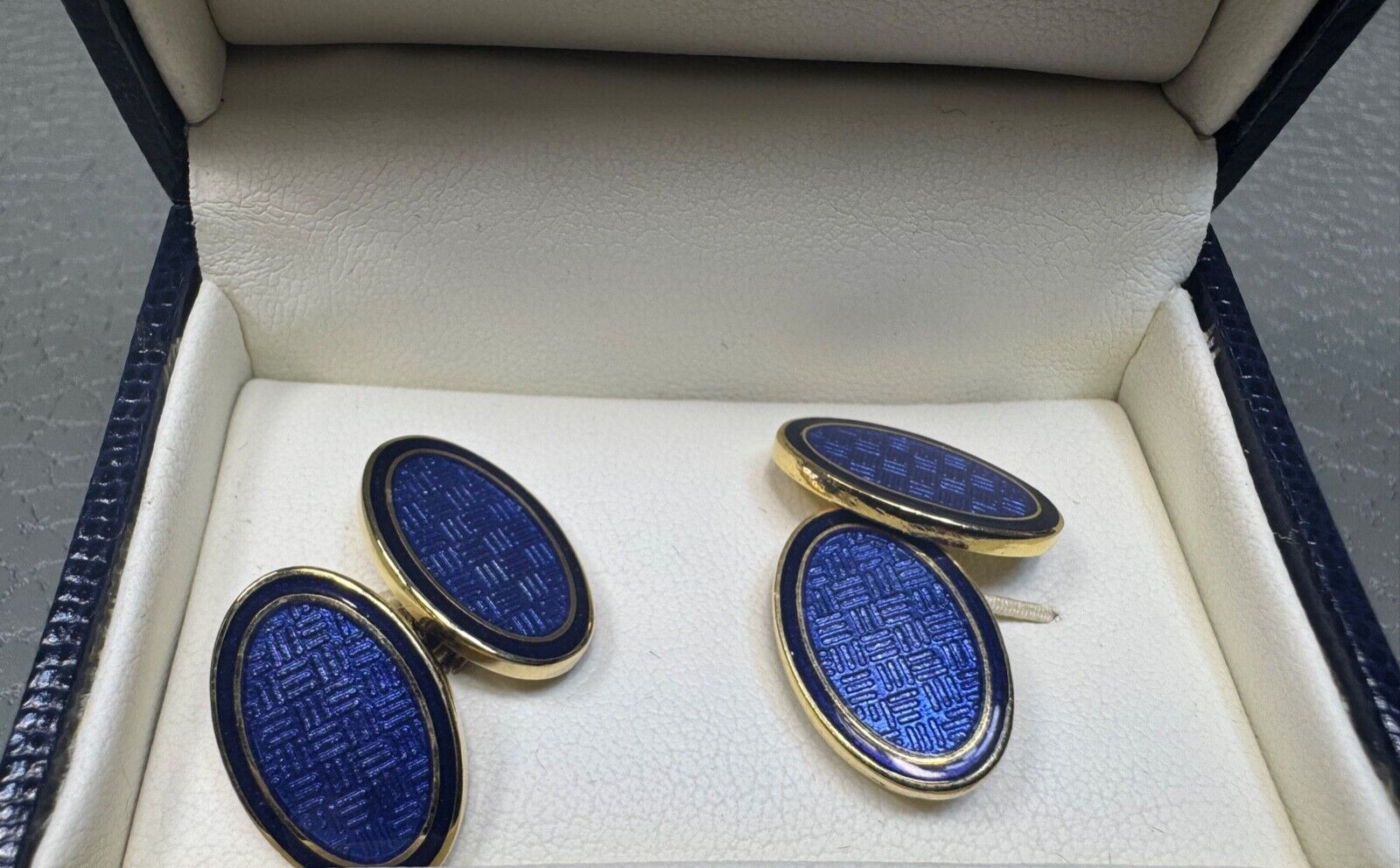 Blue Basketweave Enamel Yellow Gold Plated Cuff Links