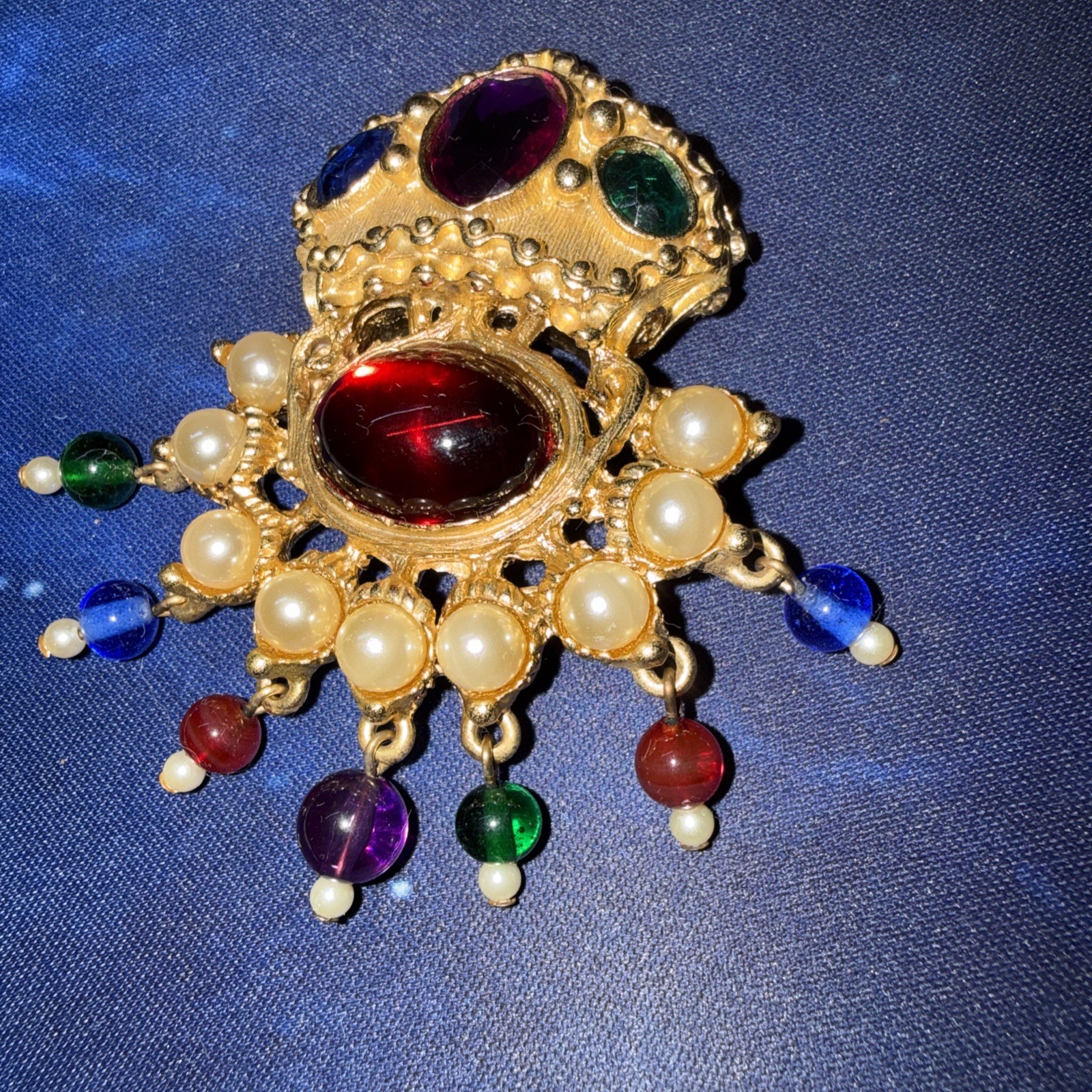 Kenneth Jay Lane Jewels Of India Multicolored Lucite Faux Pearl Brooch Signed
