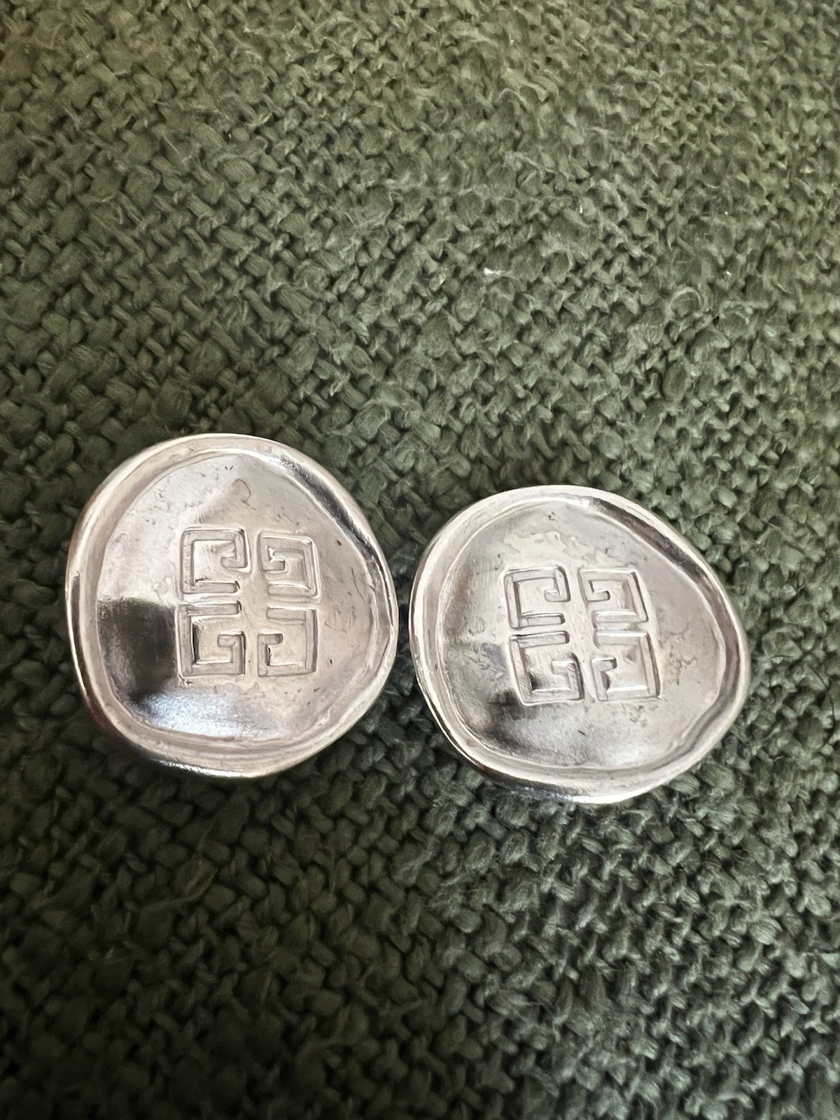 Vintage 80s Givenchy Clip On Earrings 4G Logo OLD MONEY Signed Satin Silver Tone