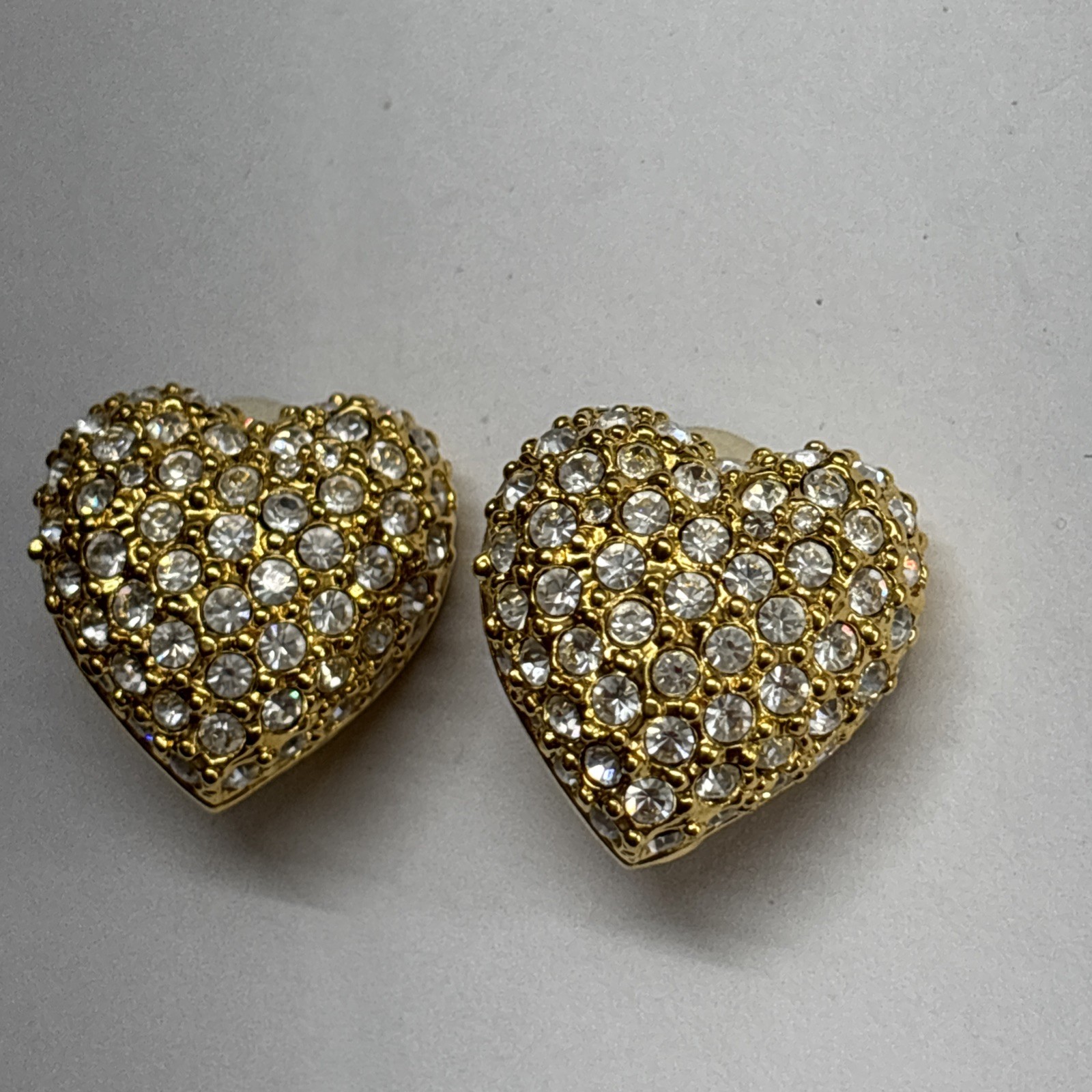 Signed Joan Rivers Clear Rhinestone Gold Tone Heart Clip On Earrings Vintage