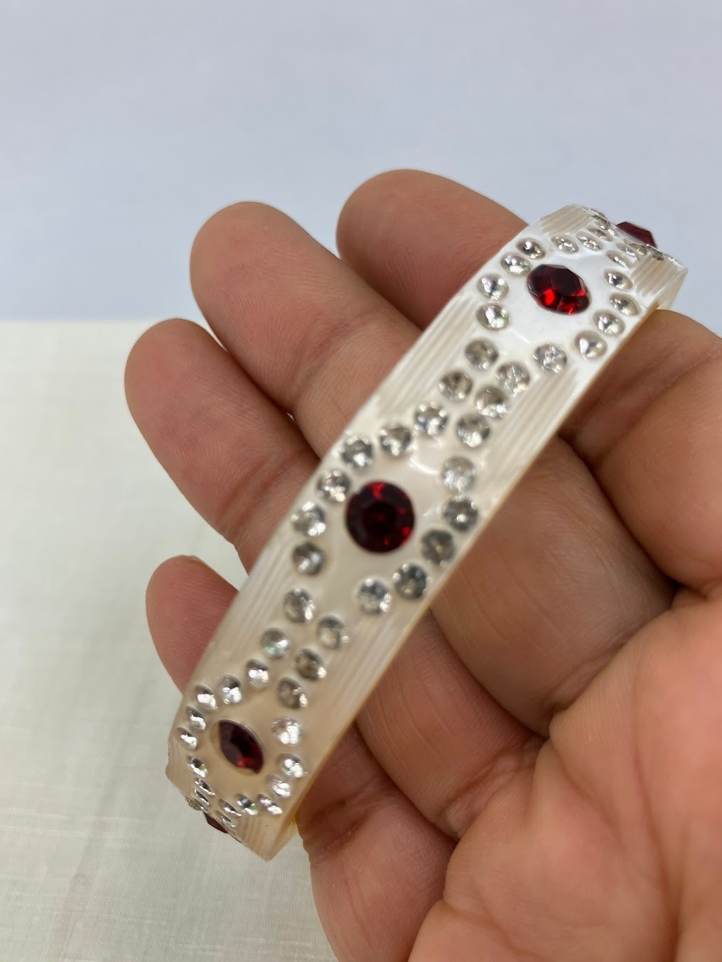 Vintage Celluloid Rhinestone Bracelet Art Deco Cream Red Bangles Stackable Set
