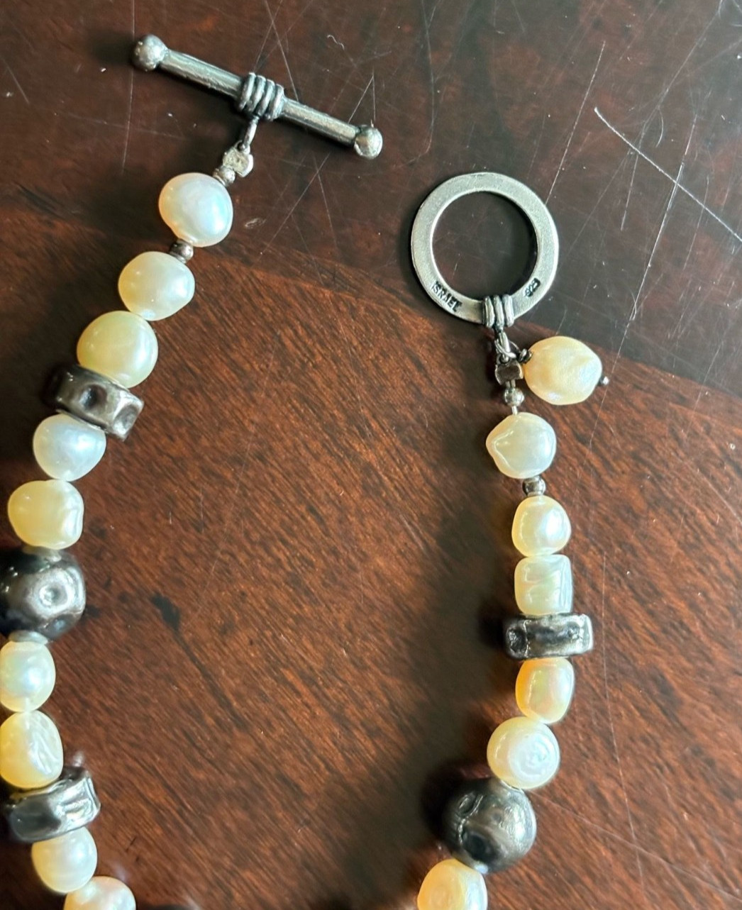 Vintage Israel Sterling Silver Freshwater Pearl Hammered Bead Toggle Bracelet