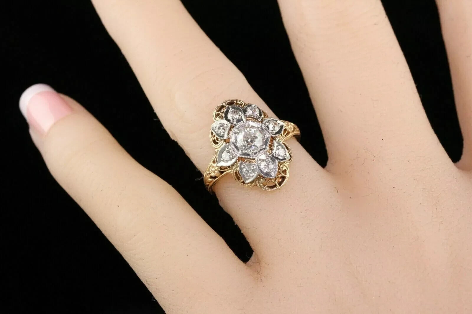 Art Deco Vintage Round Lab Created Diamond 14K Two-Tone Gold FN Engagement Ring