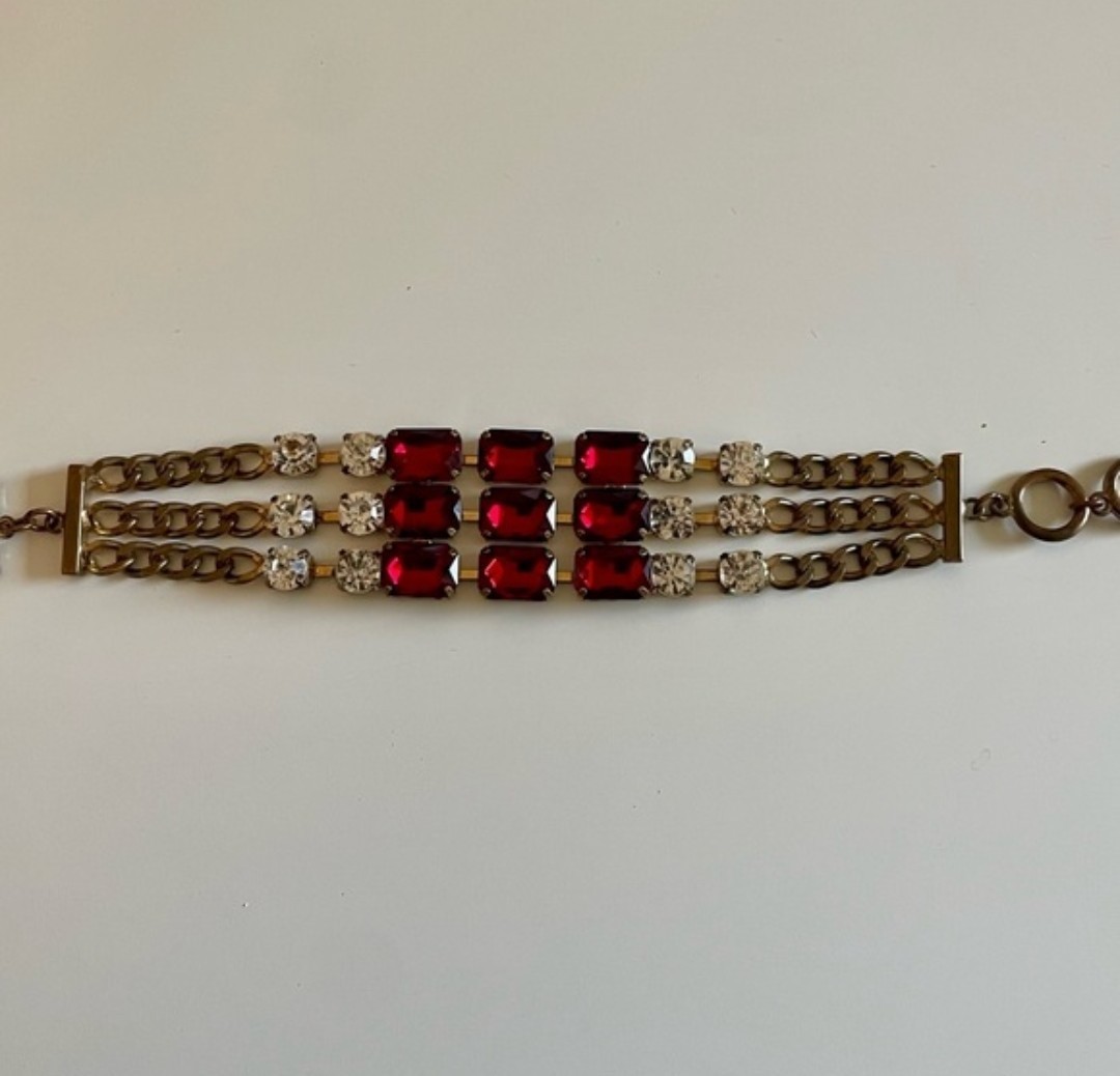 Vintage Bracelet Chain Link Gold Tone With Red & Clear Stones
