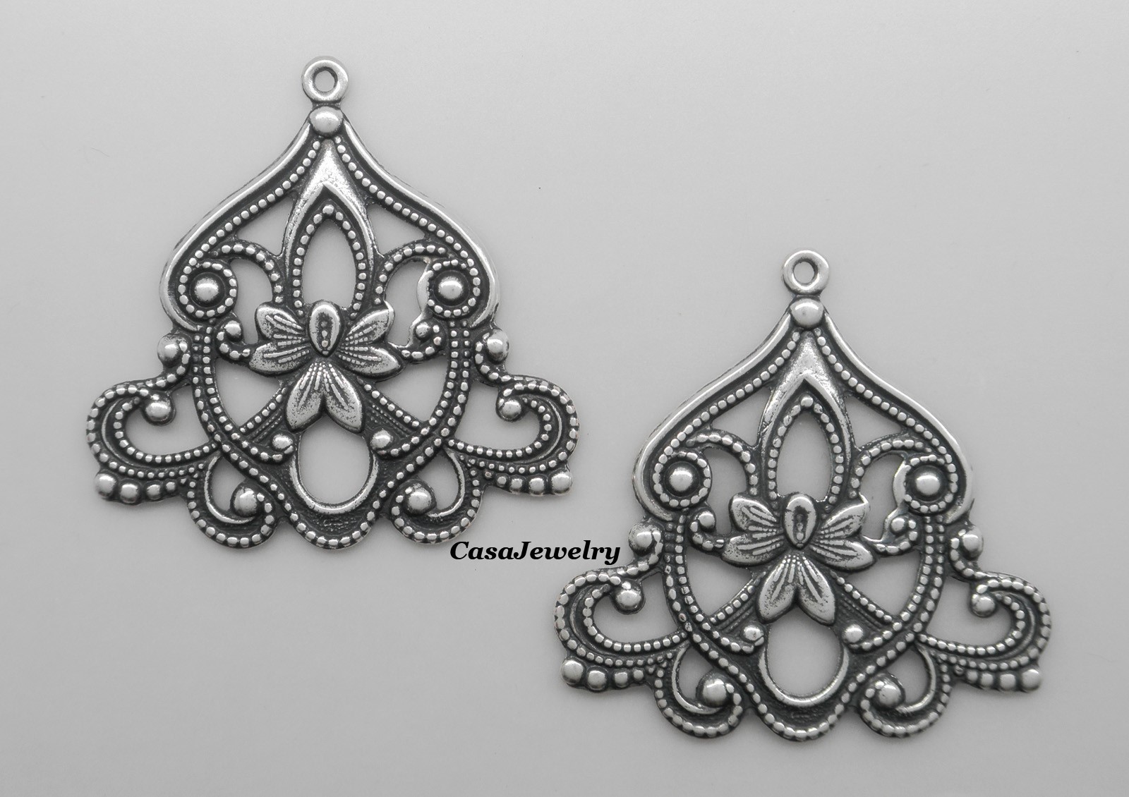 #0161 LARGE ANTIQUED STERLING SILVER PLATED FILIGREE W/TOP HANG RING – 2 Pc Lot