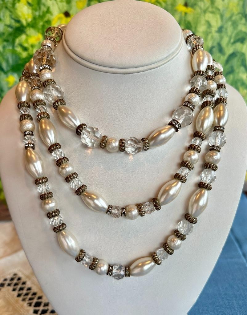Vikki Carr Necklace Strass Faux Pearl Crystal Certificate Of Authenticity 54″