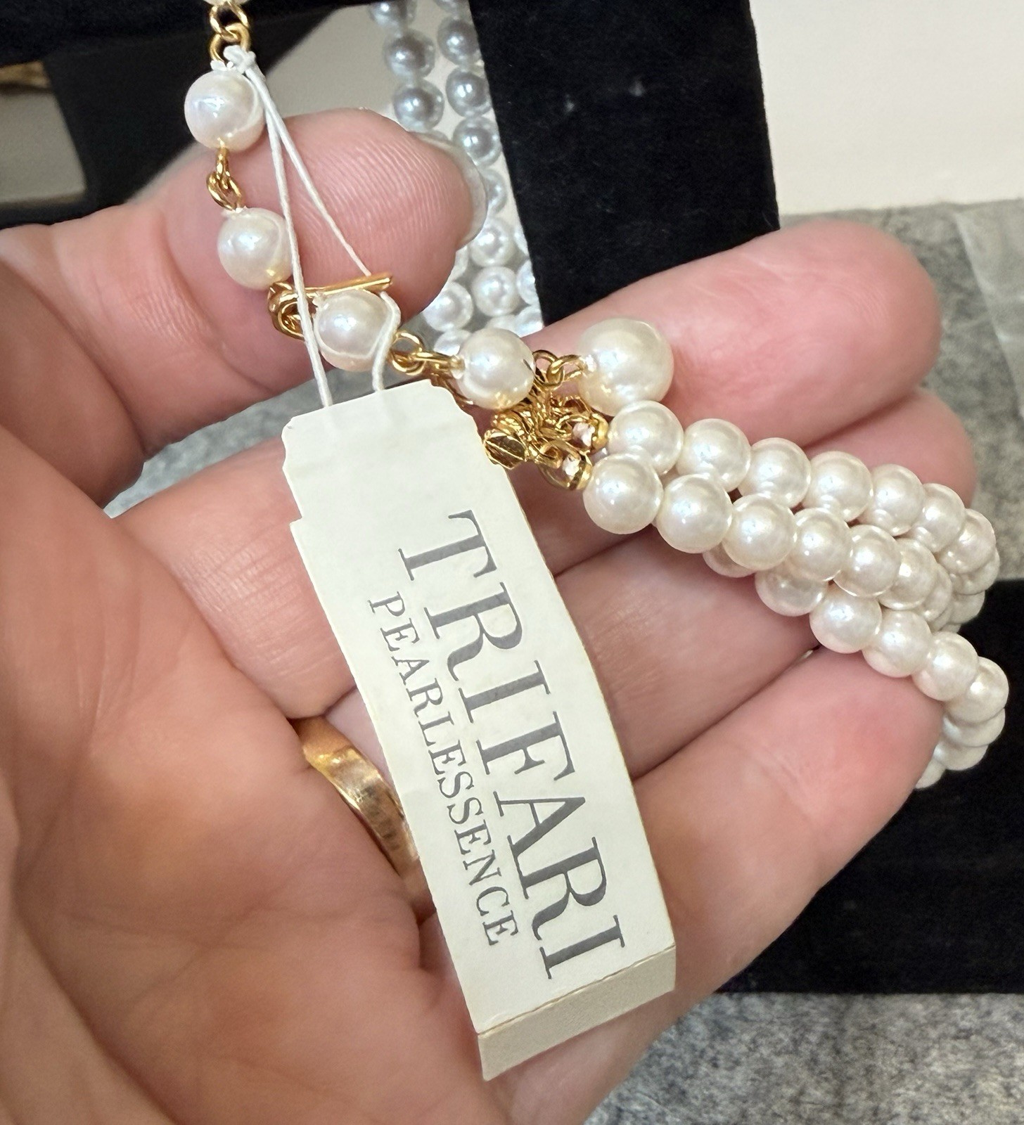 Pearlessence Trifari Triple Strand Faux Pearl 6mm Choker Necklace 14” Adj.