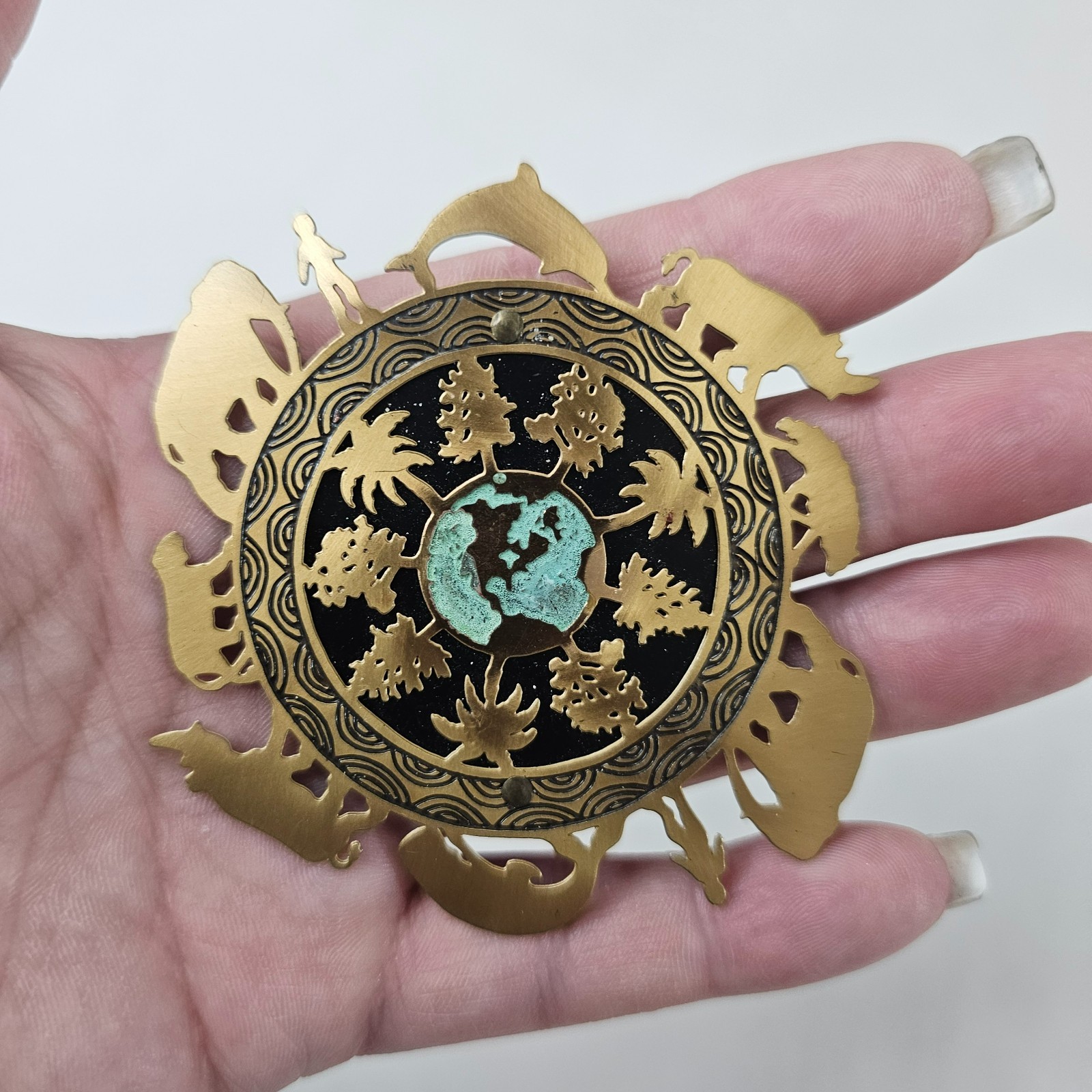 Vintage Signed Silver Forest One World Earth Brooch Brass Cut-Out Animals Trees