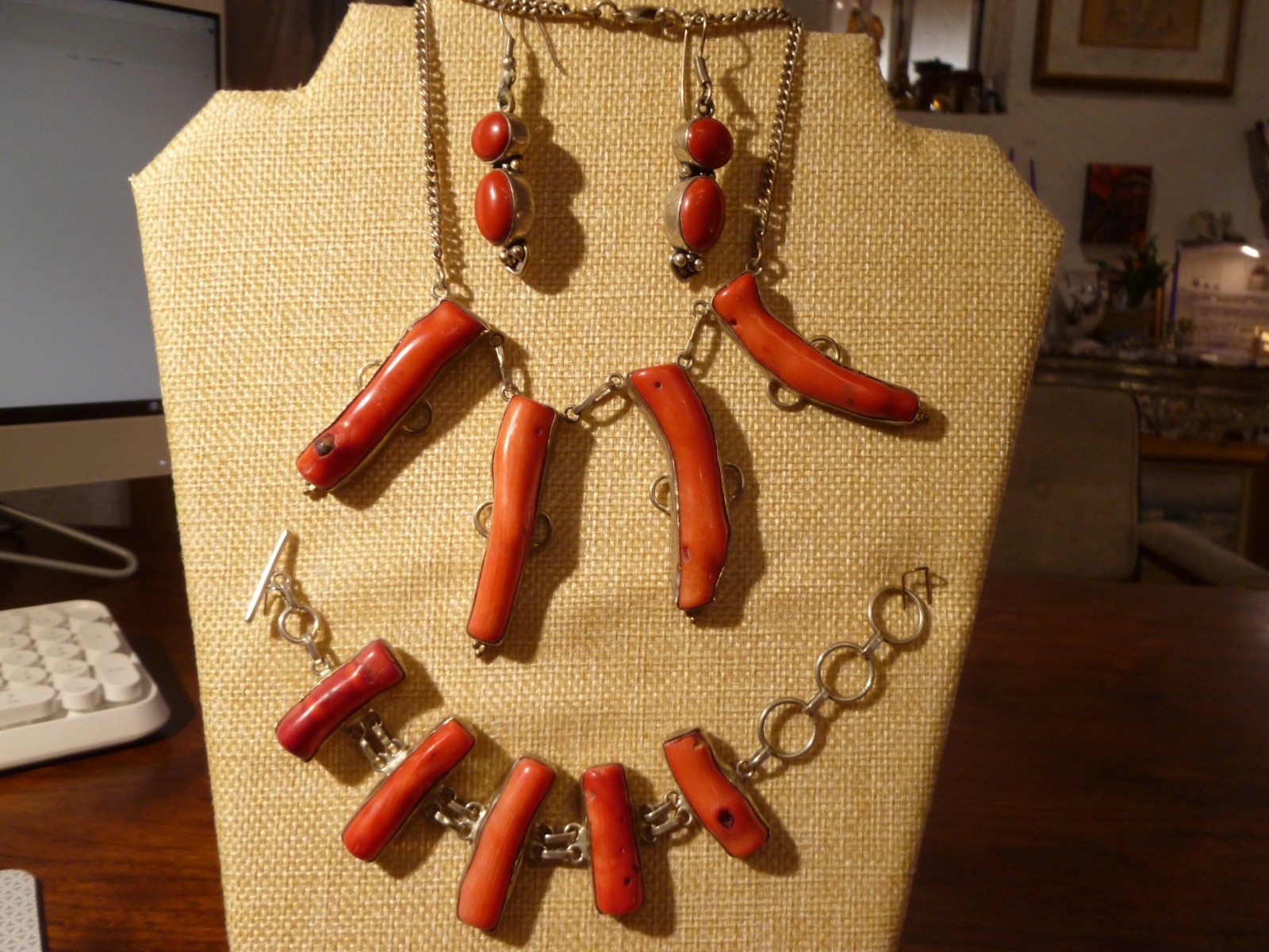 Contemporary Branch Raw Coral Necklace Bracelet Earrings Set On Sterling Silver