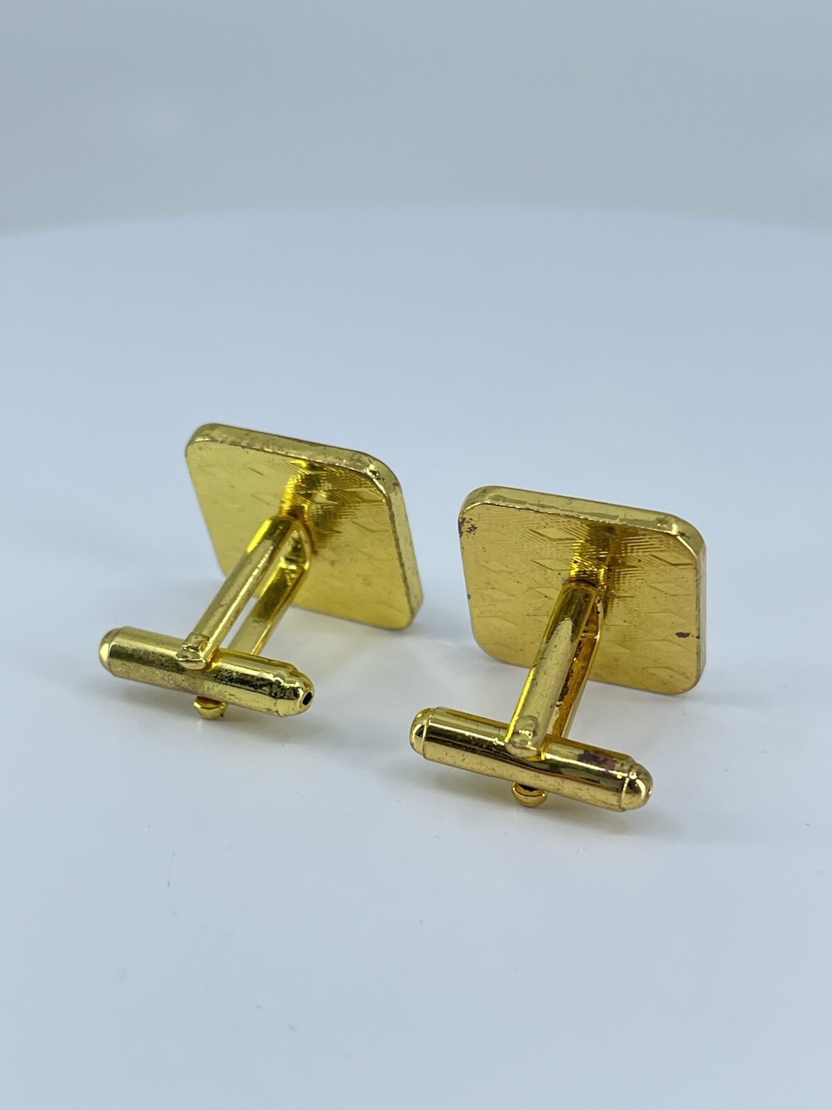 gold tone square yellow glass cufflinks white rhinestones accents bullet backs