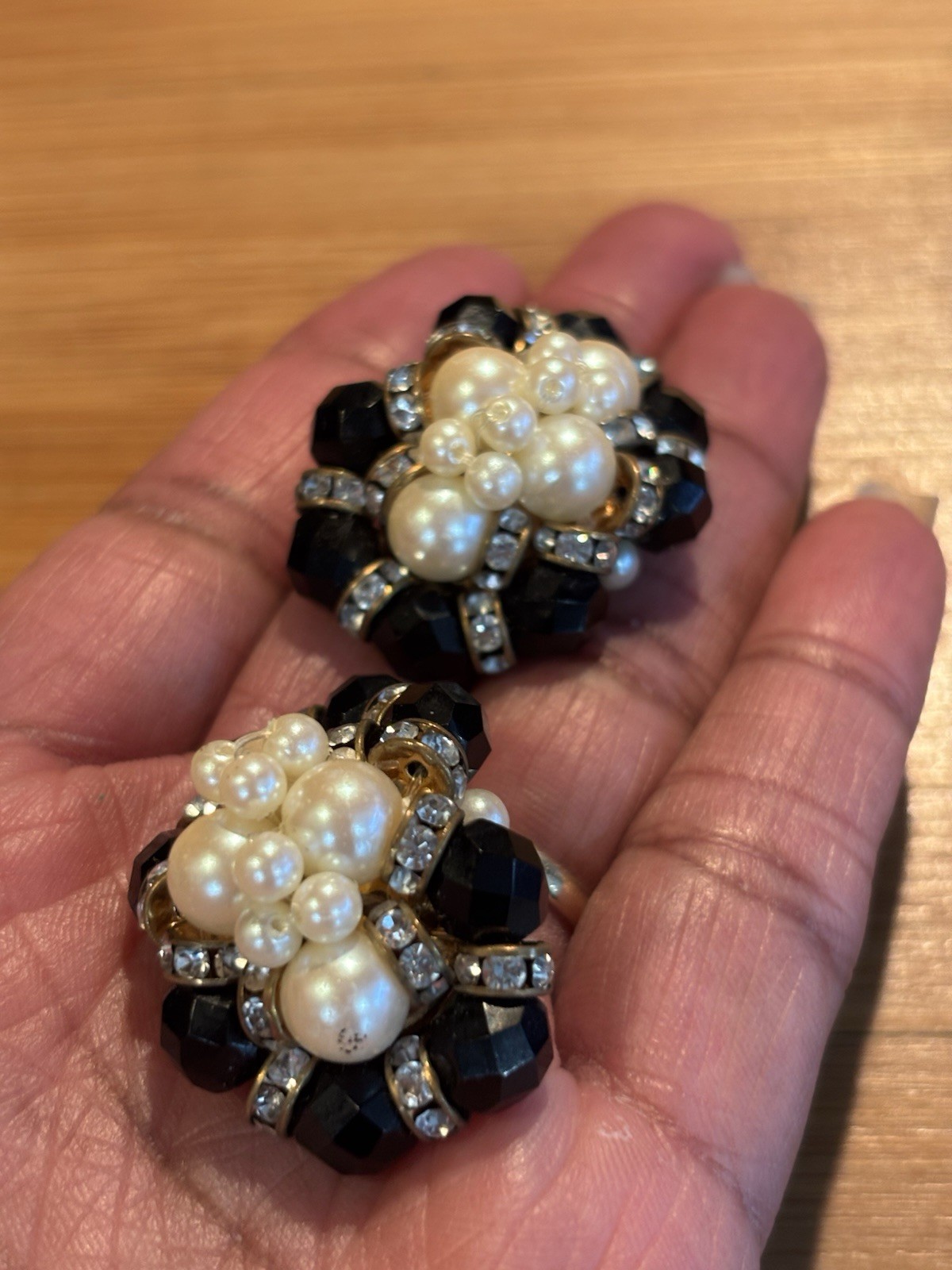 Vintage Muti- Faceted Black Cluster Bead Faux Pearl Earrings with Rhinestones