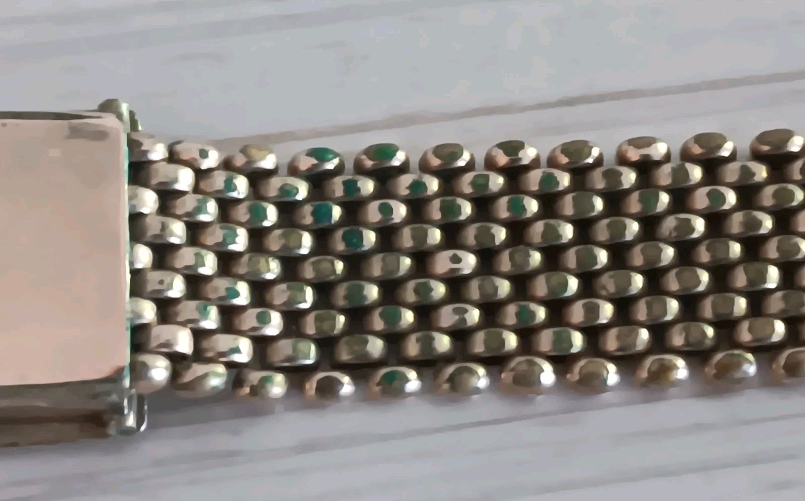 Antique *Damaged* Brass Mesh Link Bracelet Rectangle Clasp People Scene 7″