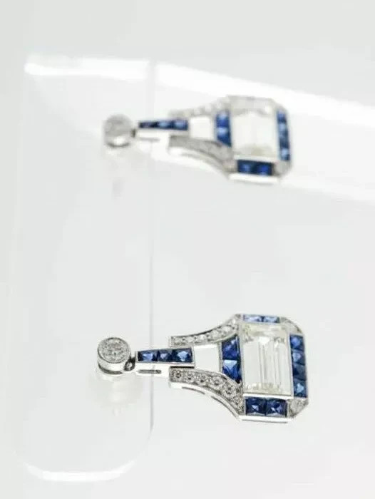 Art Deco Style Lab Created Diamond & Sapphire Wedding 14K White Gold FN Earrings