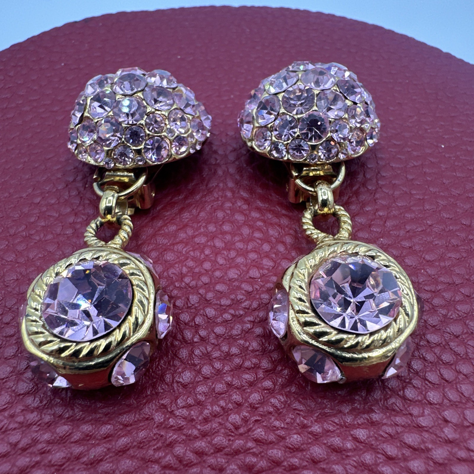 Vintage Sparkling BLANCA Clip on Pink Rhinstones Dangle Earrings. See pics.