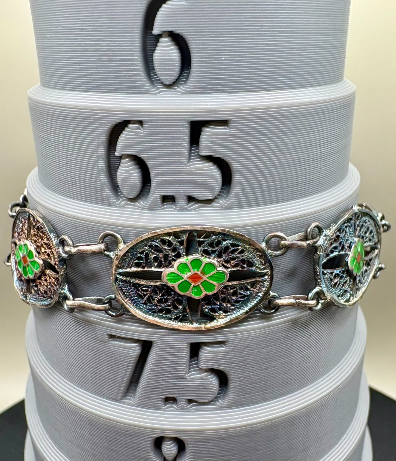 Vintage 835 Silver Enamel Filigree Panel Bracelet Green Floral European 10.65g