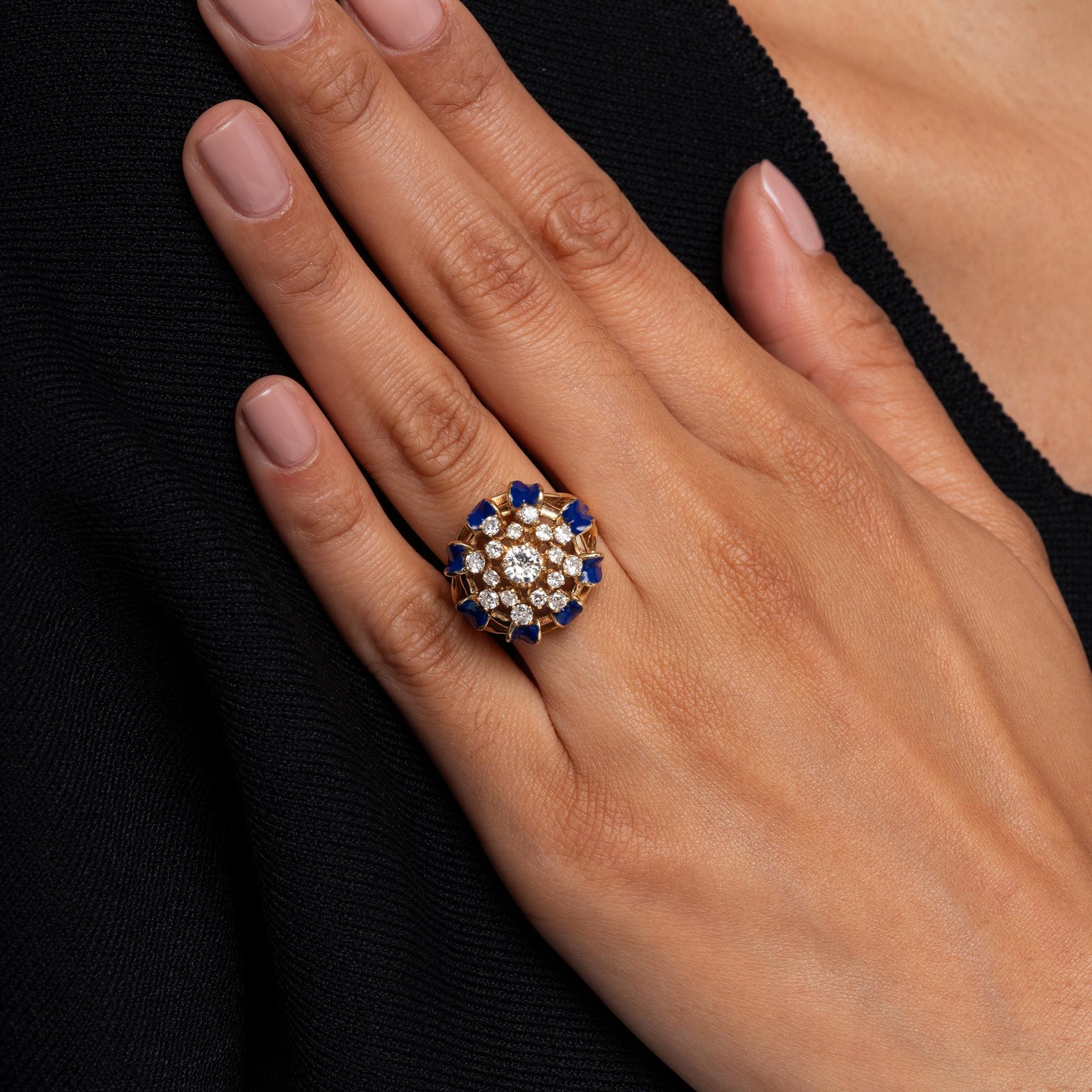 Vintage Mid-Century Royal Blue Enamel & Diamond Bombè Cocktail Ring
