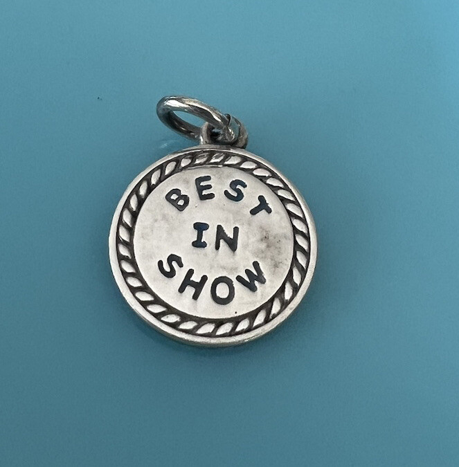 Vintage Sterling Silver Blue Best In Show Round Bracelet Charm Pendant Dog Tag