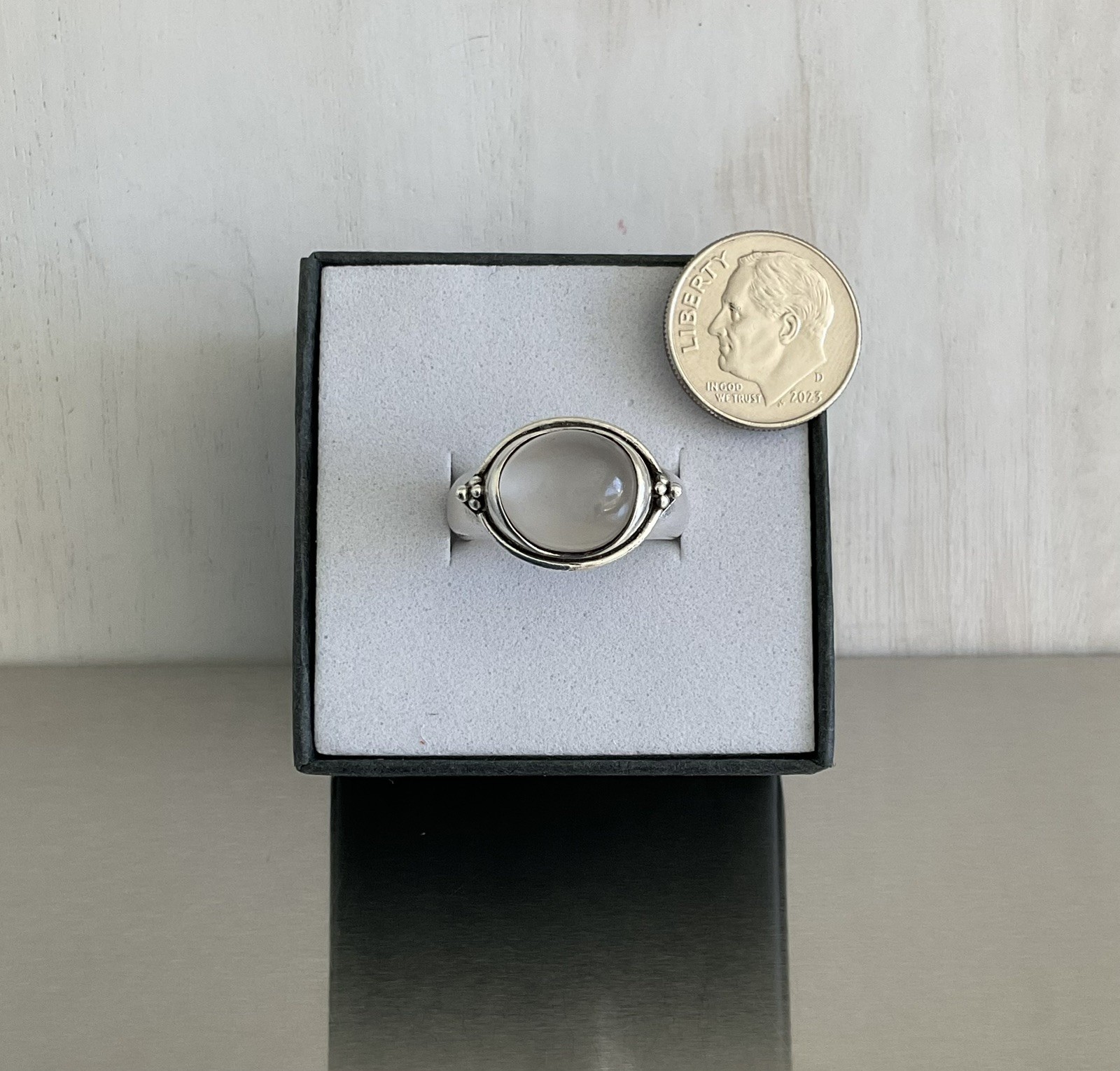 Vintage BASK Gray Moonstone Solitaire Ring Heavy 8 Grams Solid 925 Silver Size 7