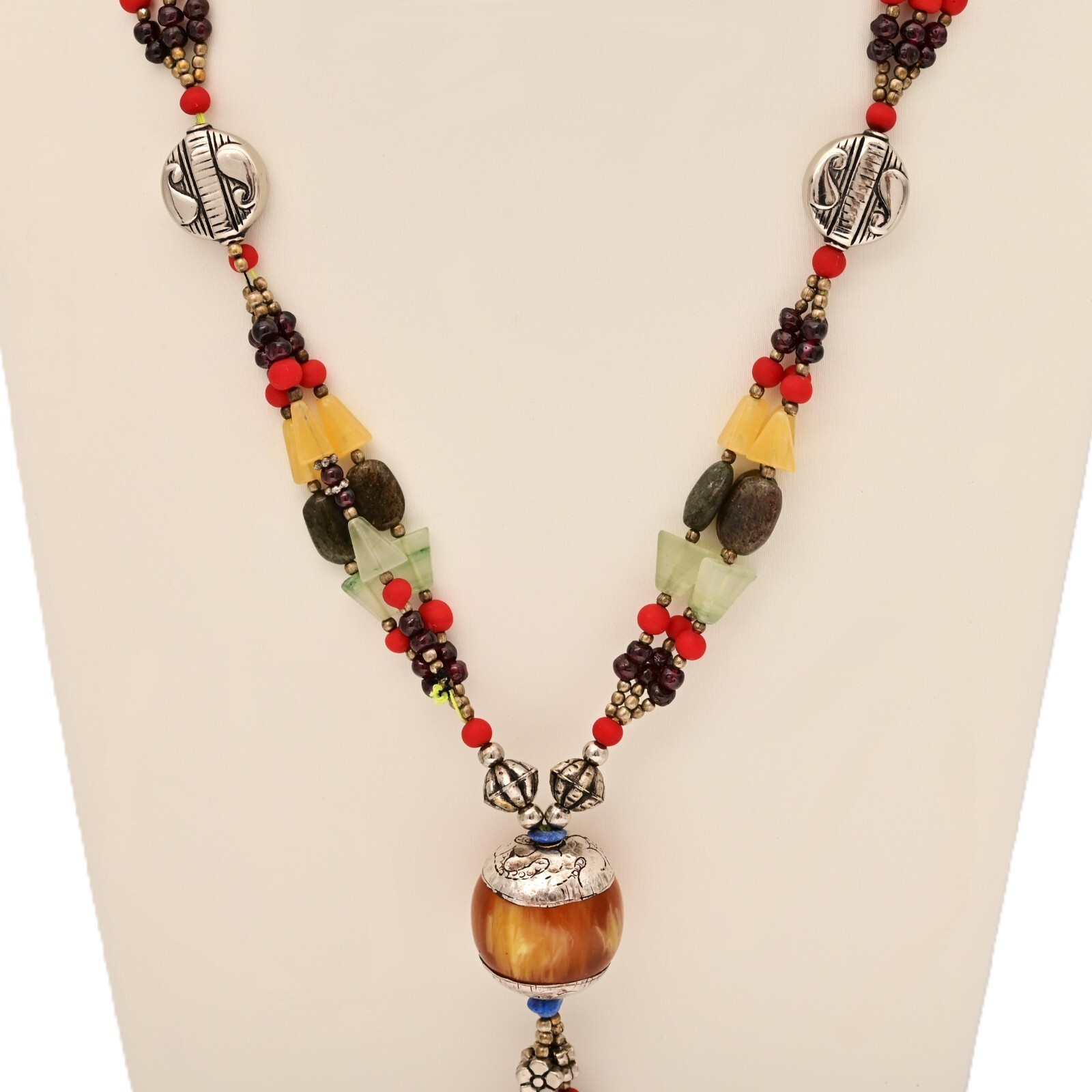 Vintage Original Sterling Silver Tribal Multi Gemstone Pendant Estate Necklace
