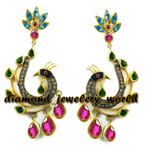Stunning 0.99ct Rose Cut Diamond Gemstone Silver Vintage Peacock Earring Jewelry