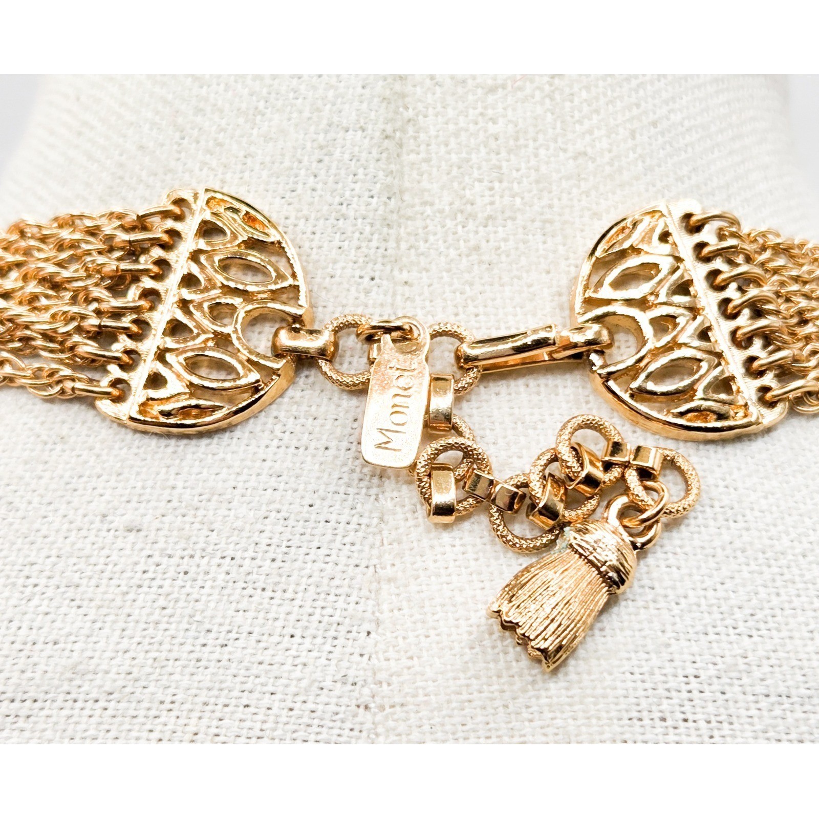 Rare Vintage Monet Sculptural Multi Strand Tassel Statement Necklace Gold Tone