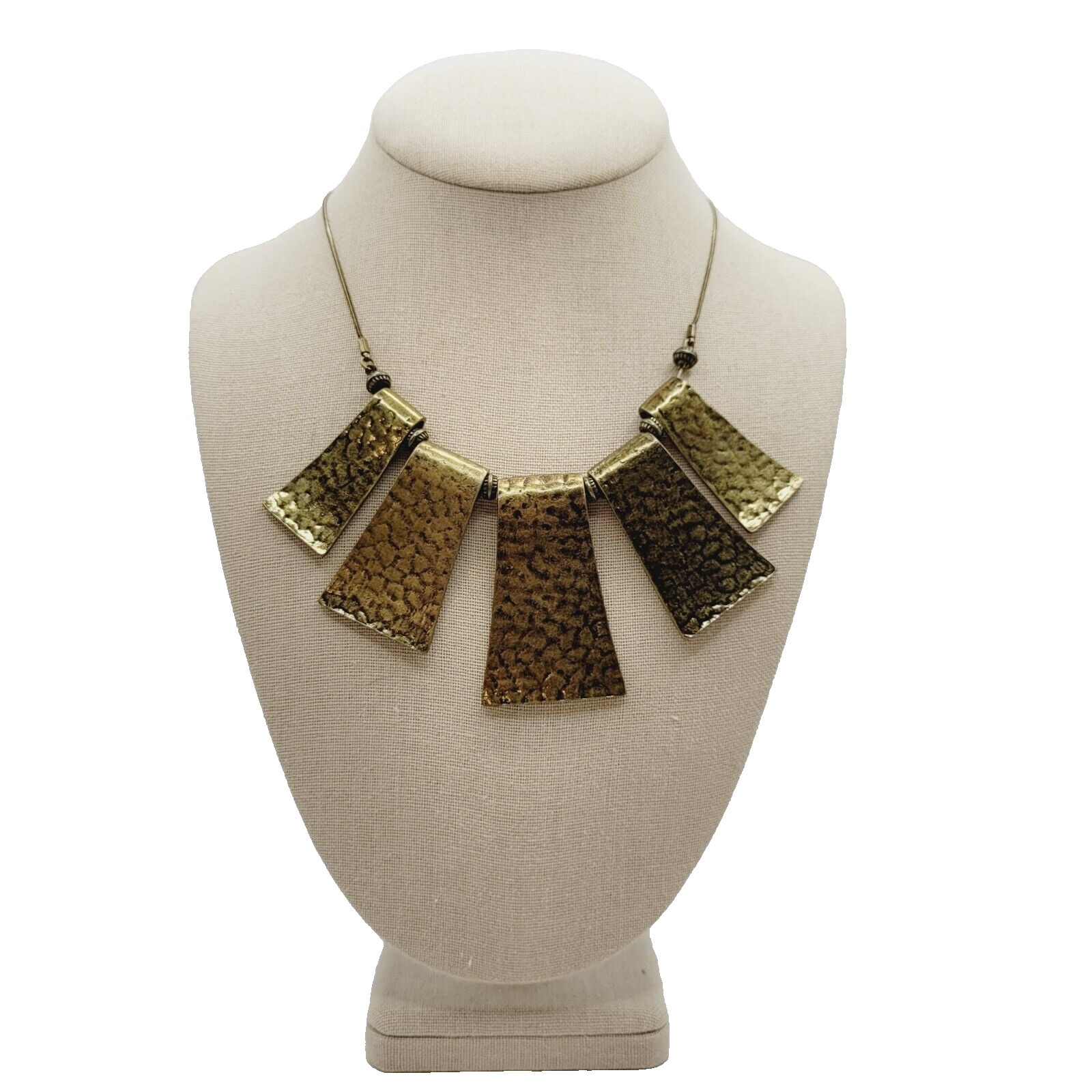 Exotic Hammered Style 5 Metal Plate Bib Necklace Brutalist Cleopatra Look 21 In