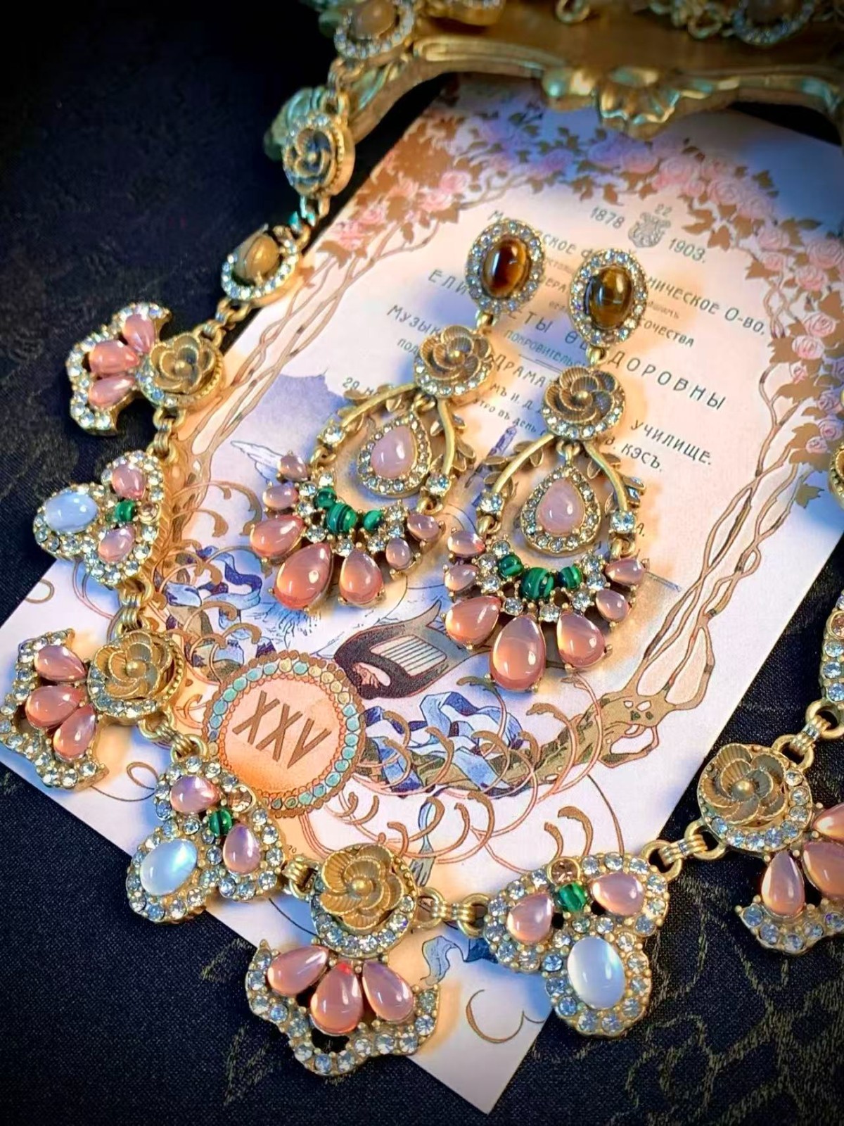Vintage Baroque Jewelry Set Pink Crystal Necklace Earrings Gold Tone Floral
