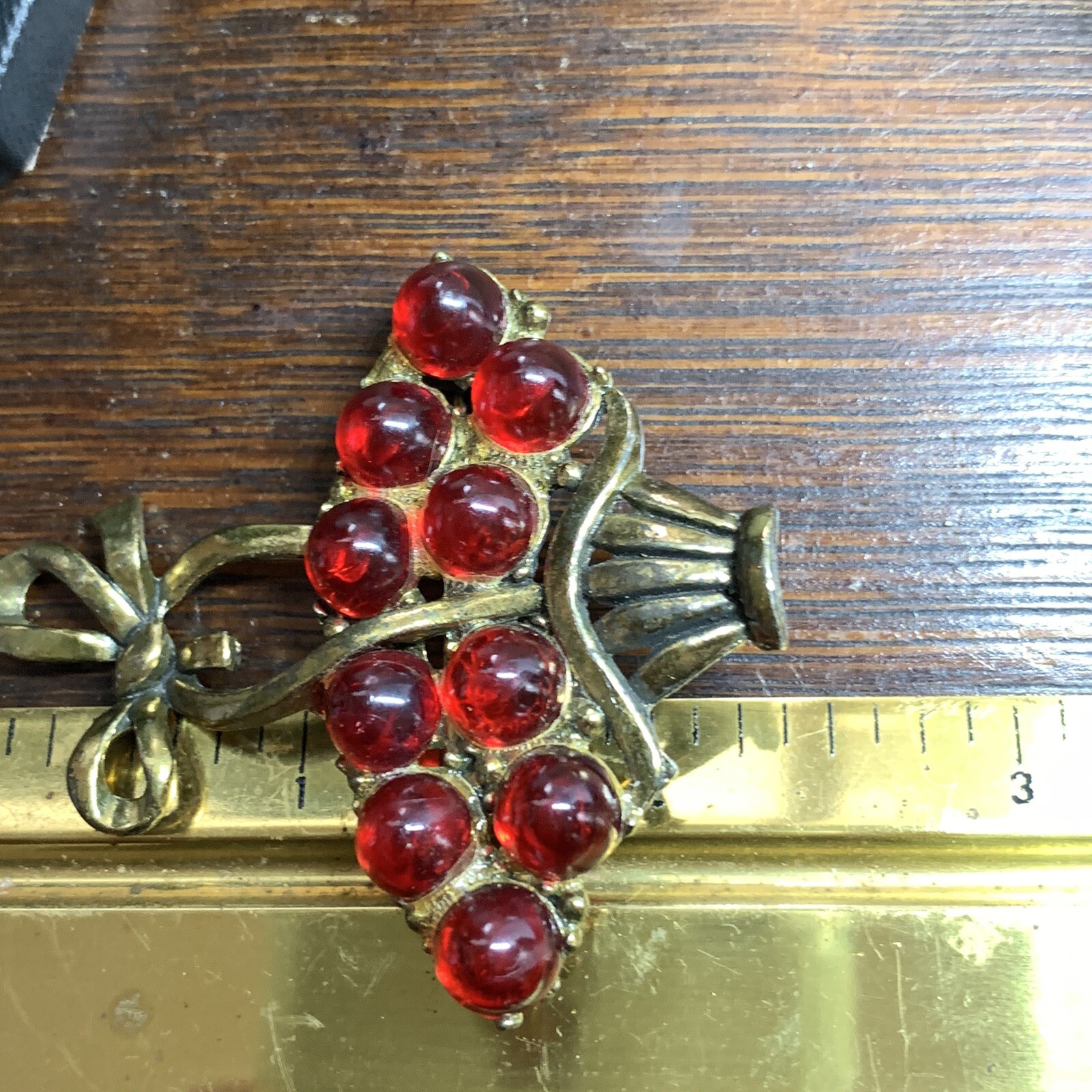 Antique Basket Brooch Red Poured Glass Gripoix Cabochons 1920s 1930s Cherries
