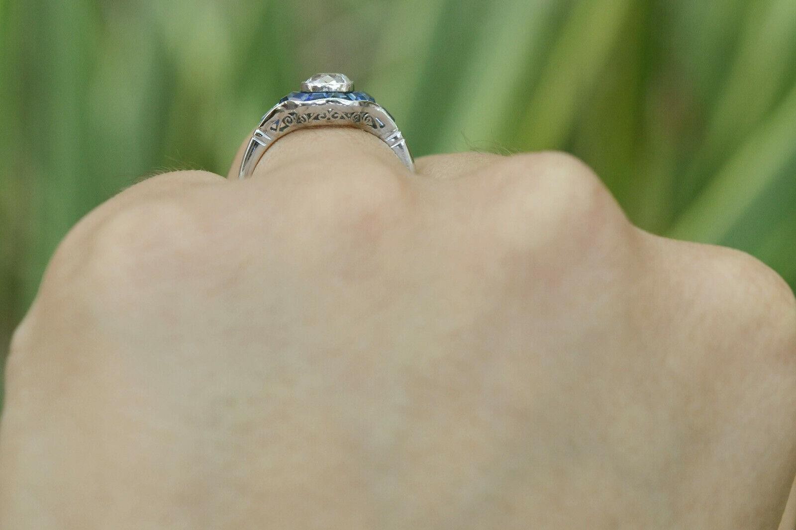 Antique Old Mine Cut Diamond & Sapphire Art Deco Style Engagement Ring