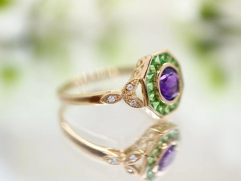 Art Deco Vintage Style Lab Created Amethyst & Emerald Wedding 14K Gold FN Ring