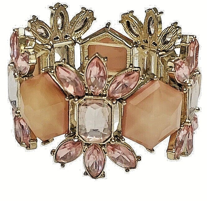 Pink Bracelet Rhinestone Flower Wide t 7″ Silver Tone Trendy Spring Jewelry
