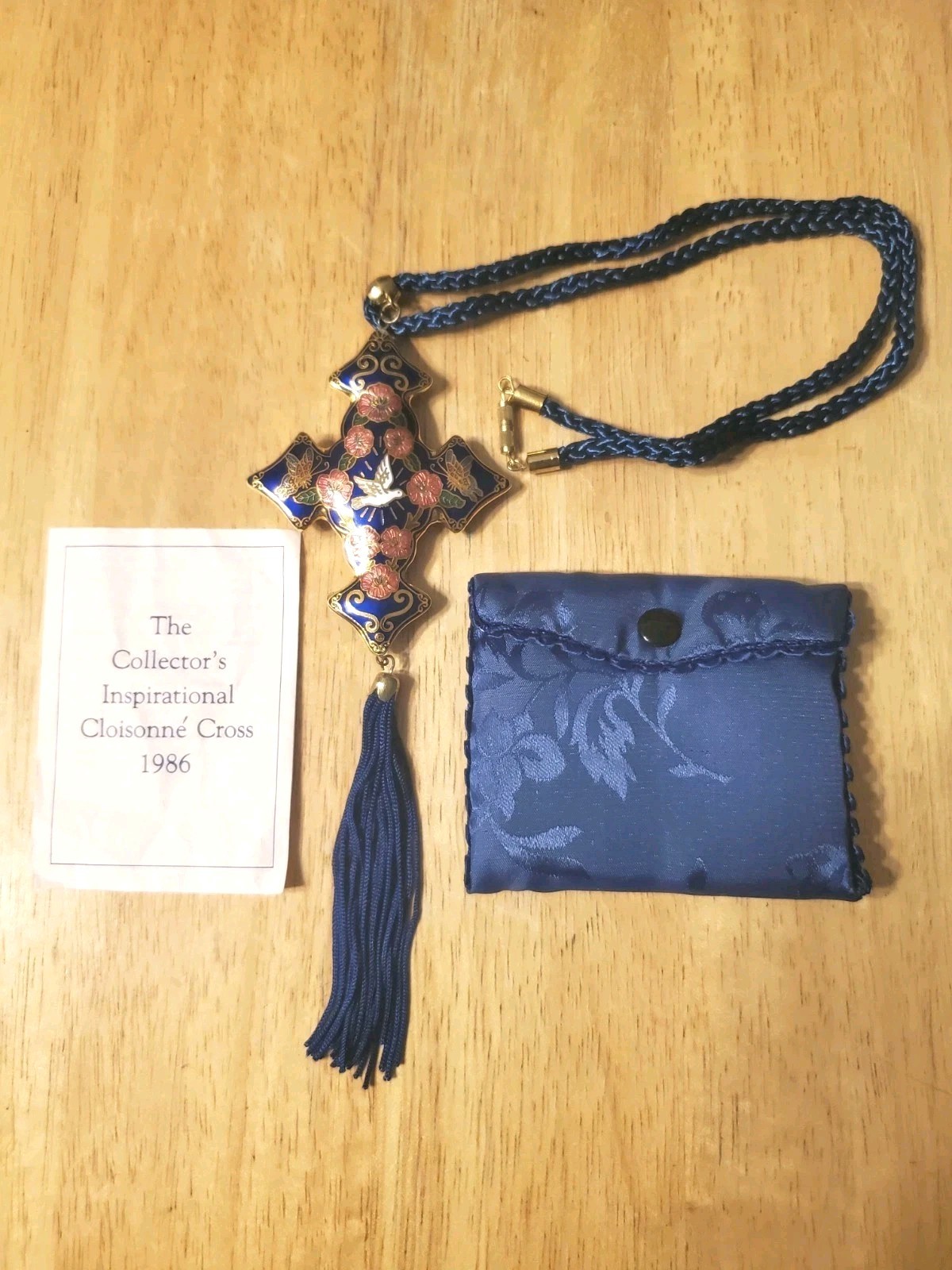 Vintage Cloisonne Cross Pendant Deep Blue with Goldtone Trim, 54.1 Grams Heavy