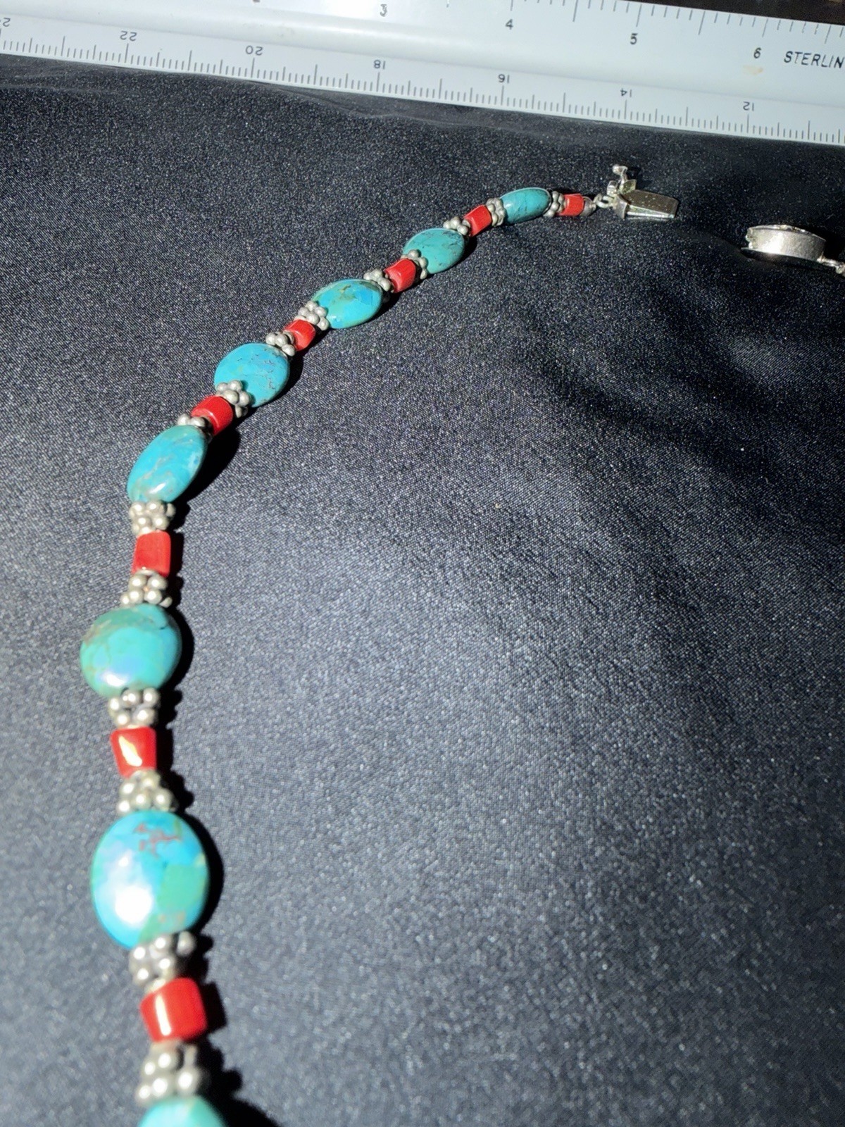 Vintage Turquoise And Natural Blood Red Coral & Pewter Silver 925 Clasp 16”