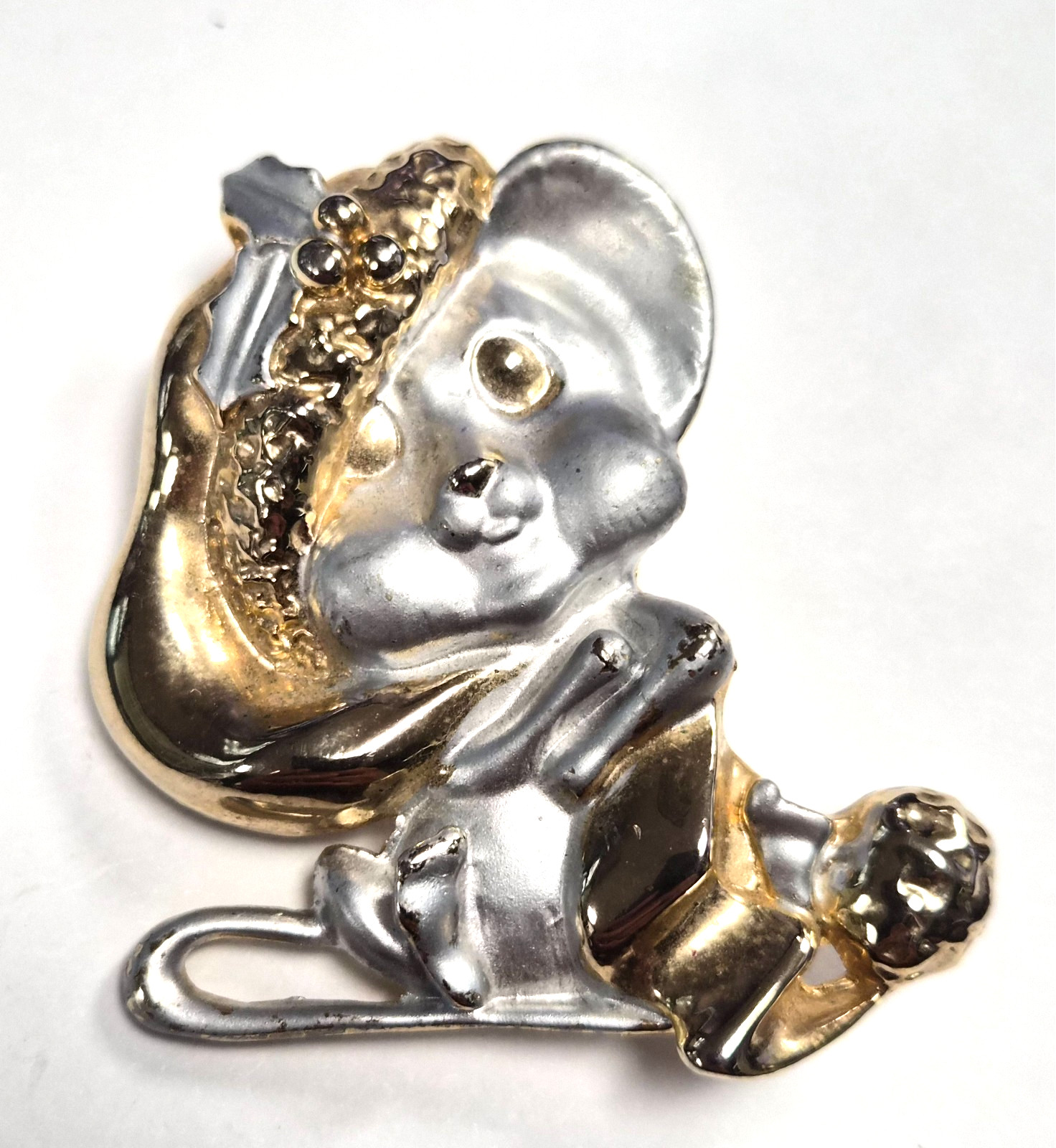 Vintage 80’s Mixed Metal Silver & Shiny Gold Tone Christmas Mouse Pin / Brooch