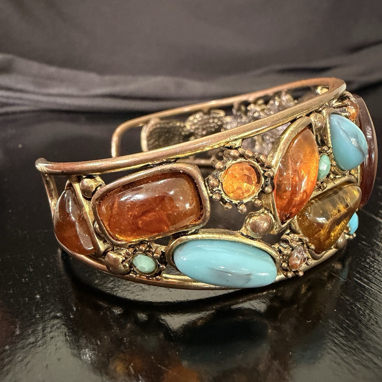 Vintage Amber Lucite Cabochon Cuff Bracelet Turquoise Glass Boho Statement 8in