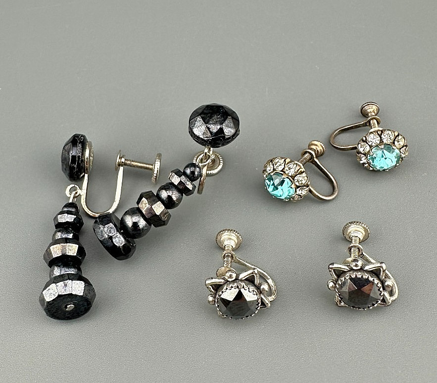 Vintage Earrings Lot Sterling Silver Gemstone Crystal Screw Back Blue Hematite